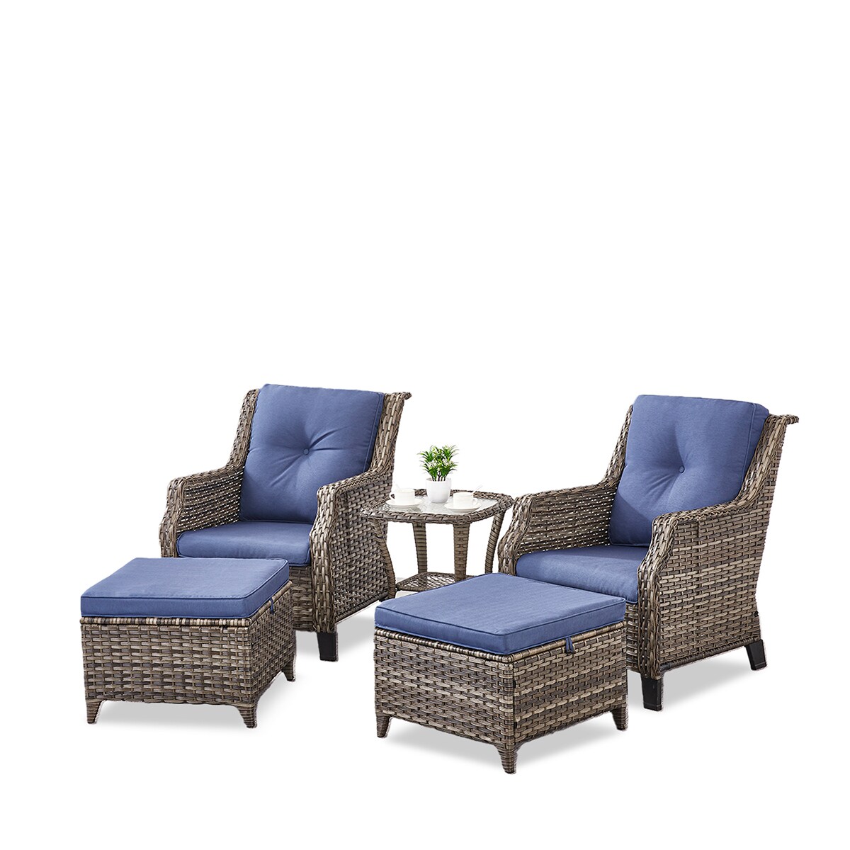 Rilyson FSCGY1140026-1 NEW CARO 5 -Piece Woven Patio Conversation Set with Blue Cushions