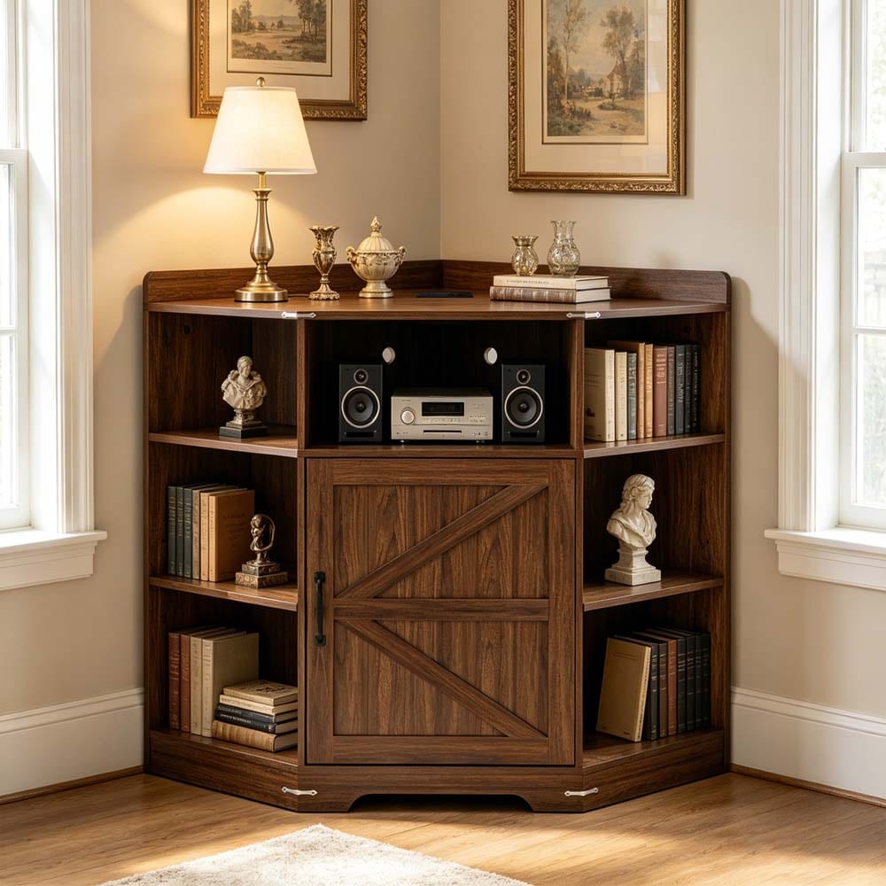 SereneVita 32.28-in W x 33.86-in H x 23.62-in D Walnut Corner Linen Storage Cabinet Freestanding 3-Tier Corner Bookcase with USB Ports and Power Outlets Modern Display Organizer for Indoor Home