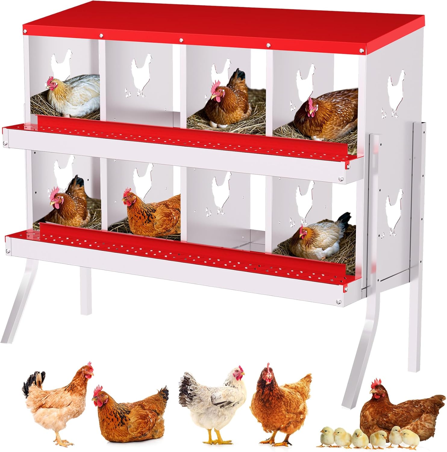 Qeetex WLS-PHO-348SBXYK Nesting Boxes for Chickens 8 Compartment Chicken Nesting Box Metal Chicken Laying Boxes with Perch Secure Lid