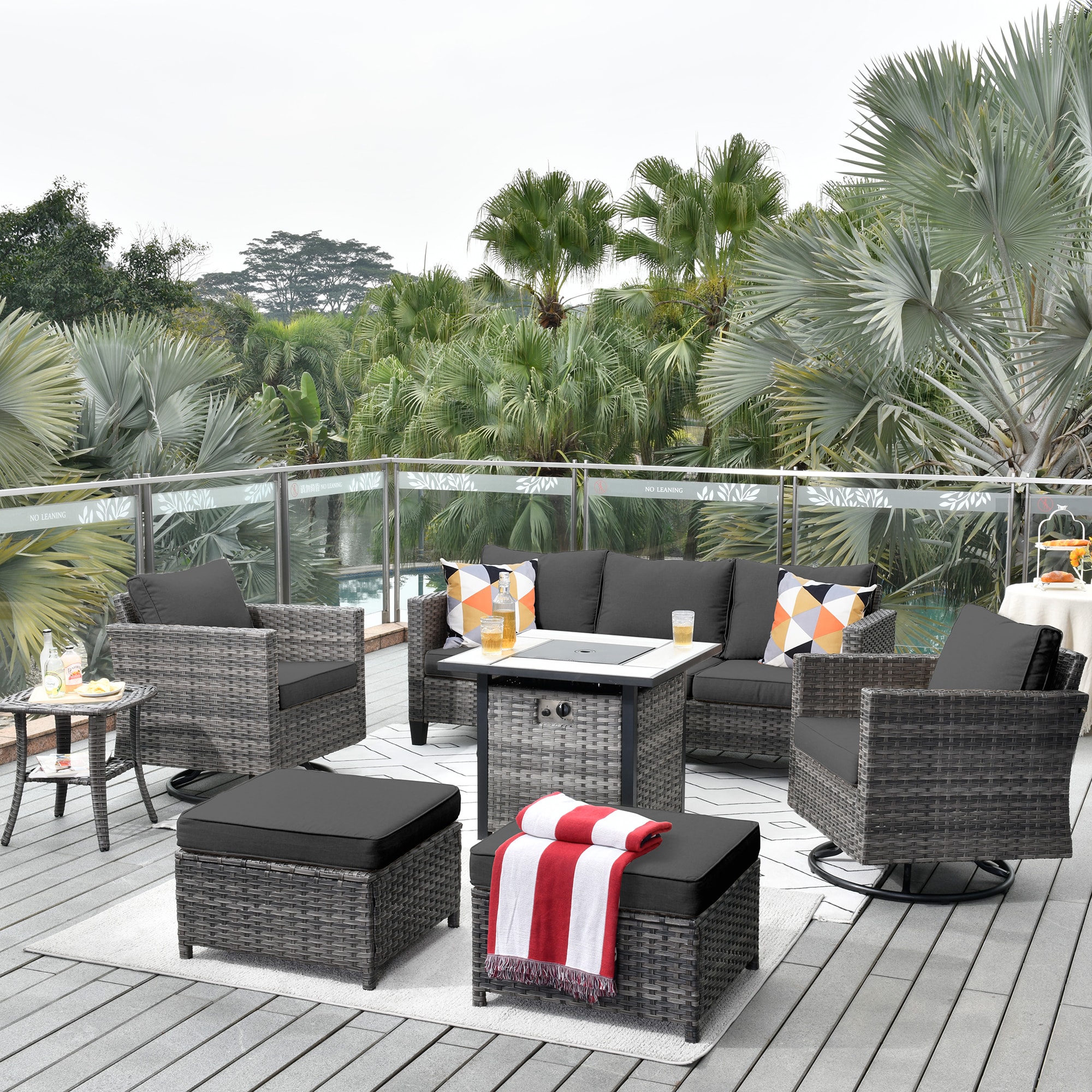 Pouuin 7-Piece Rattan Patio Conversation Set with Blue Olefin