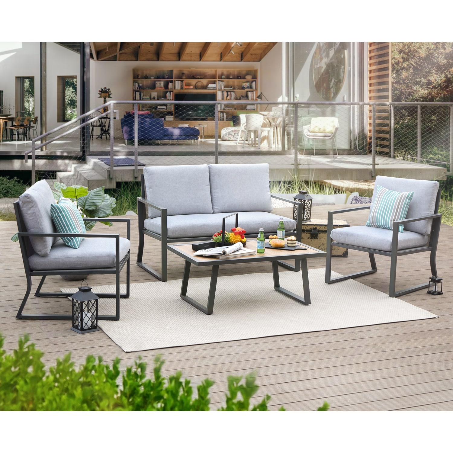 Runesay DABED-25 Sofa Set Outdoor Sectional with Gray Cushions and Iron Frame