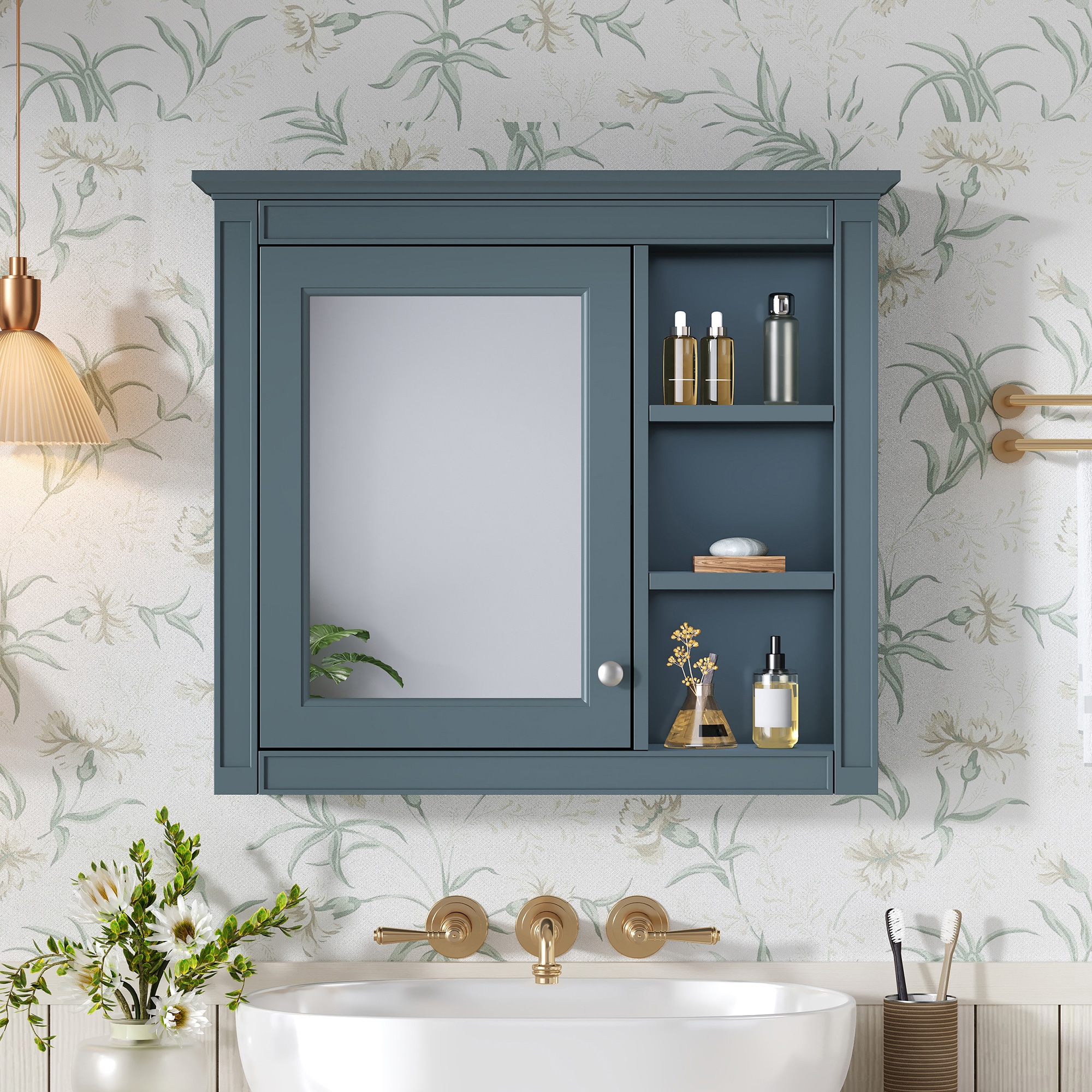 KWPZQEB 29.9-in x 28-in Surface Mount Medicine Cabinet Wall Mounted Bathroom Storage Cabinet with Mirror-Blue