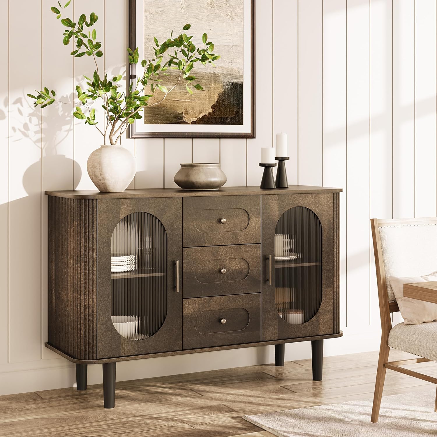 WhizMax XSN-PHK-340909-WA 47 in Modern Sideboard Buffet Cabinet with Fluted Glass Doors and 3 Drawers Farmhouse Accent Coffee Bar with Adjustable Shelves for Home Walnut