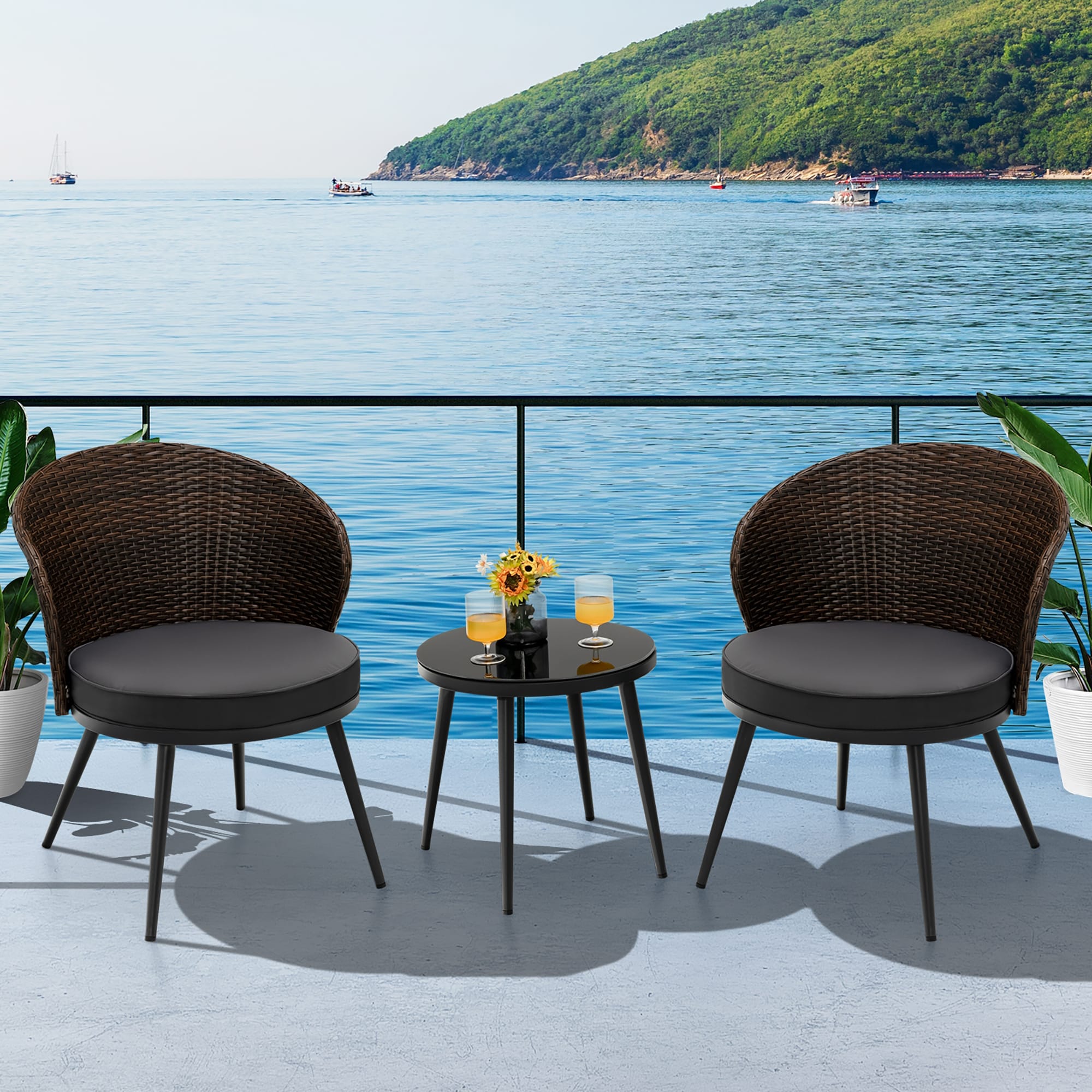 BABOOM BOM-98BN-CO Patio Rattan Set 3-Piece Rattan Patio Conversation Set with Gray Cushions