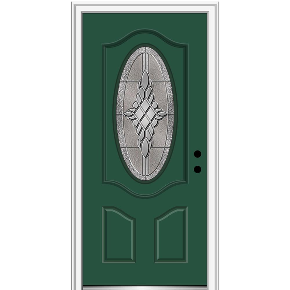 MMI DOOR ZZ3667299L 36-in x 80-in x 4-9/16-in Fiberglass Oval lite Left-hand inswing Hunter Green Painted Prehung Front Door with Brickmould Insulating core