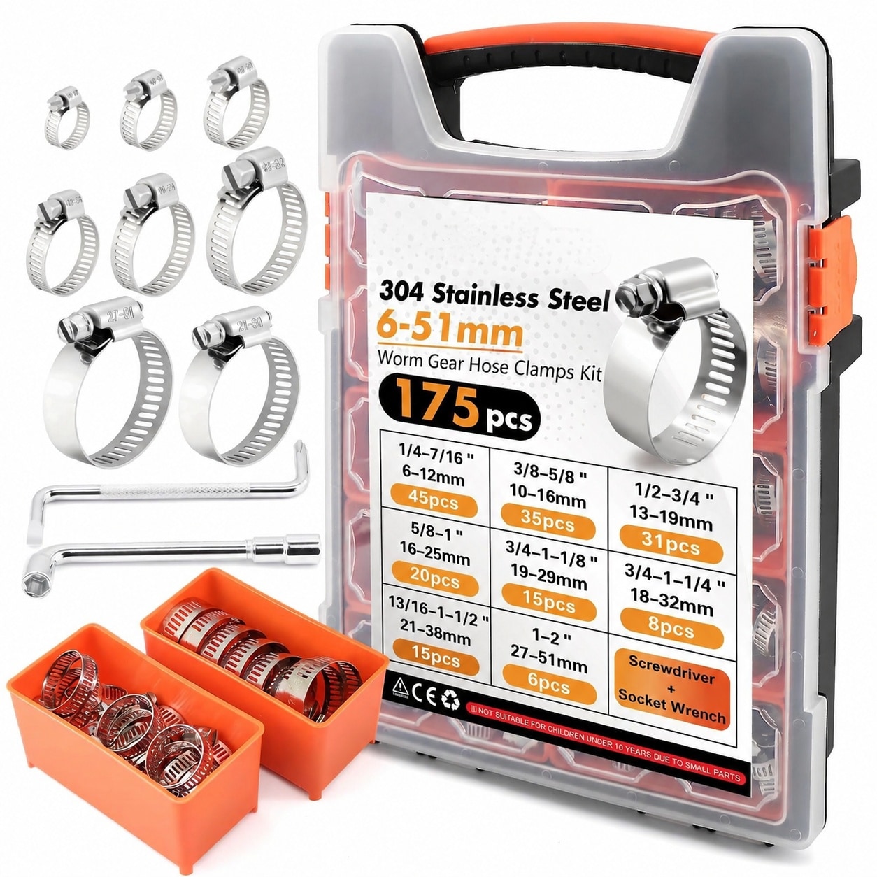 JVFCXXV  304 Stainless Steel Worm Gear Hose Clamps Assortment Kit 175 Pieces Sizes One Quarter to Two Inches durable home and garden accessory