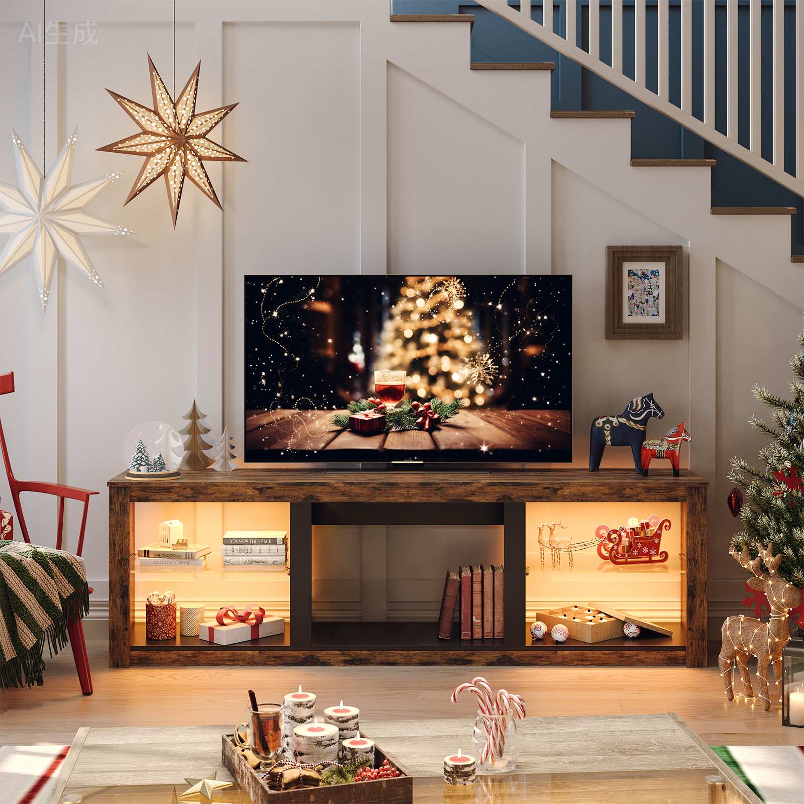 Bestier 71-in W Black Tv Stand with LED and Glass Shelves for Up to 75 inches TV