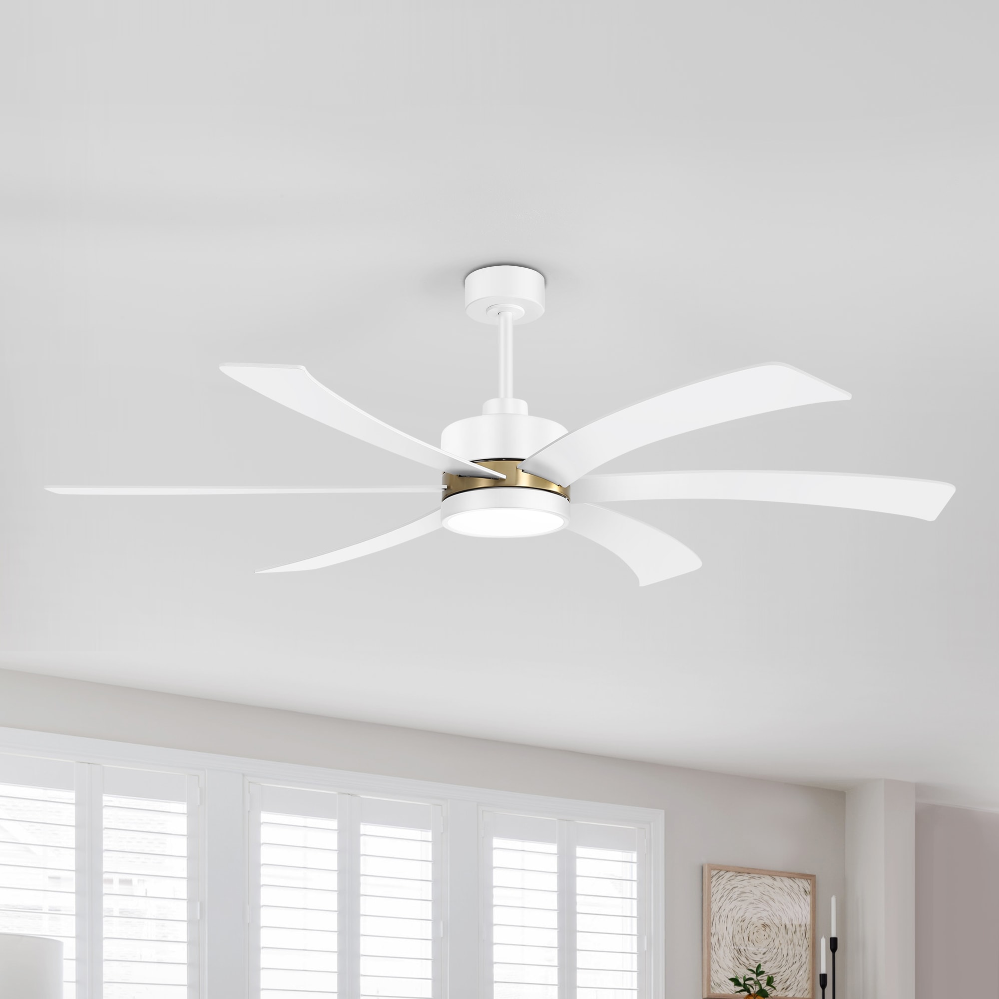 Breezary 32012-GW 65-in Color-Changing Integrated LED Matte White and Gold with White Blades Ceiling Fan With Light - Remote Included ( 6 -Blade )