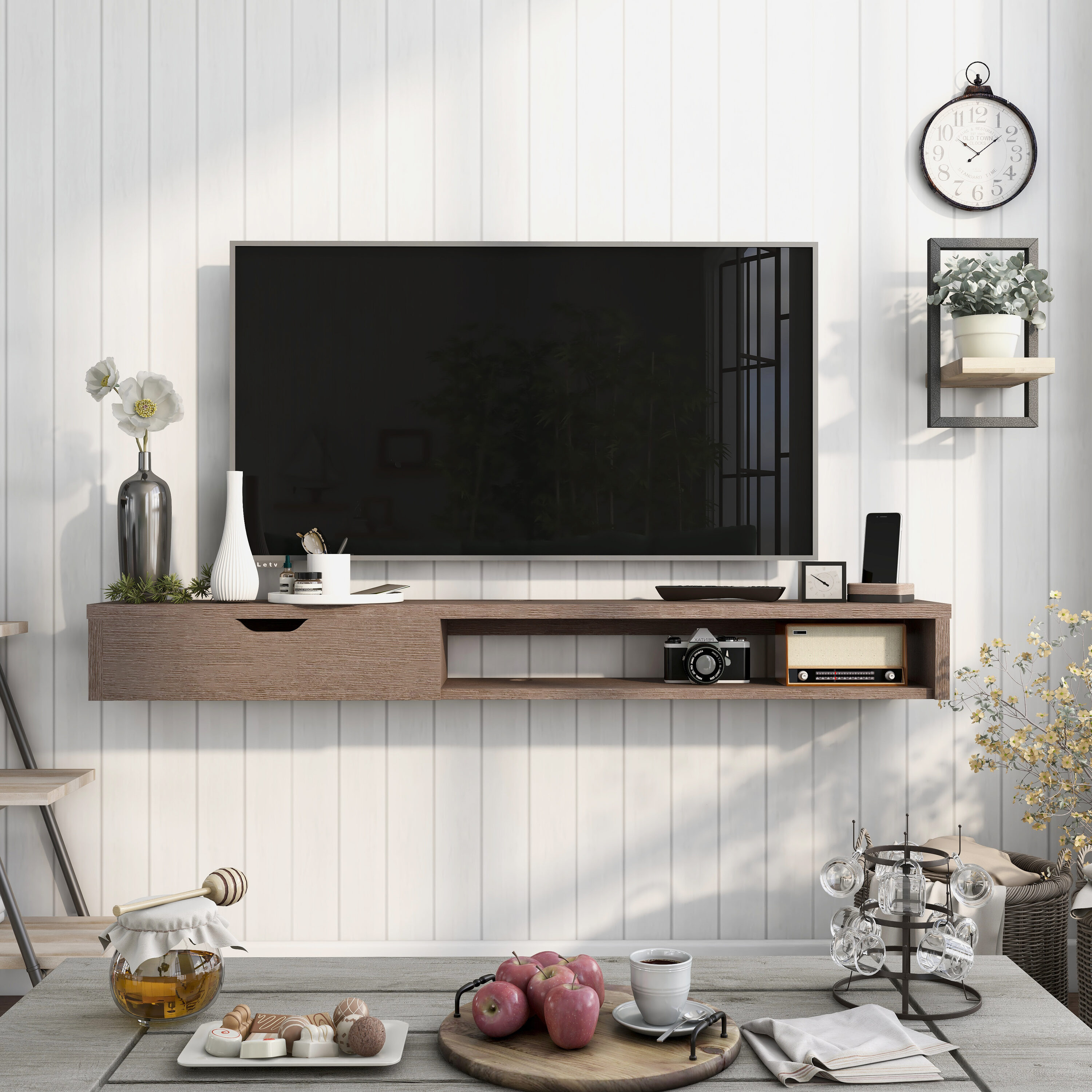 Furniture of America IDI-182364 Wilbarger Modern/Contemporary Walnut oak TV stand Integrated TV Mount ( Accommodates TVs up to 65-in )
