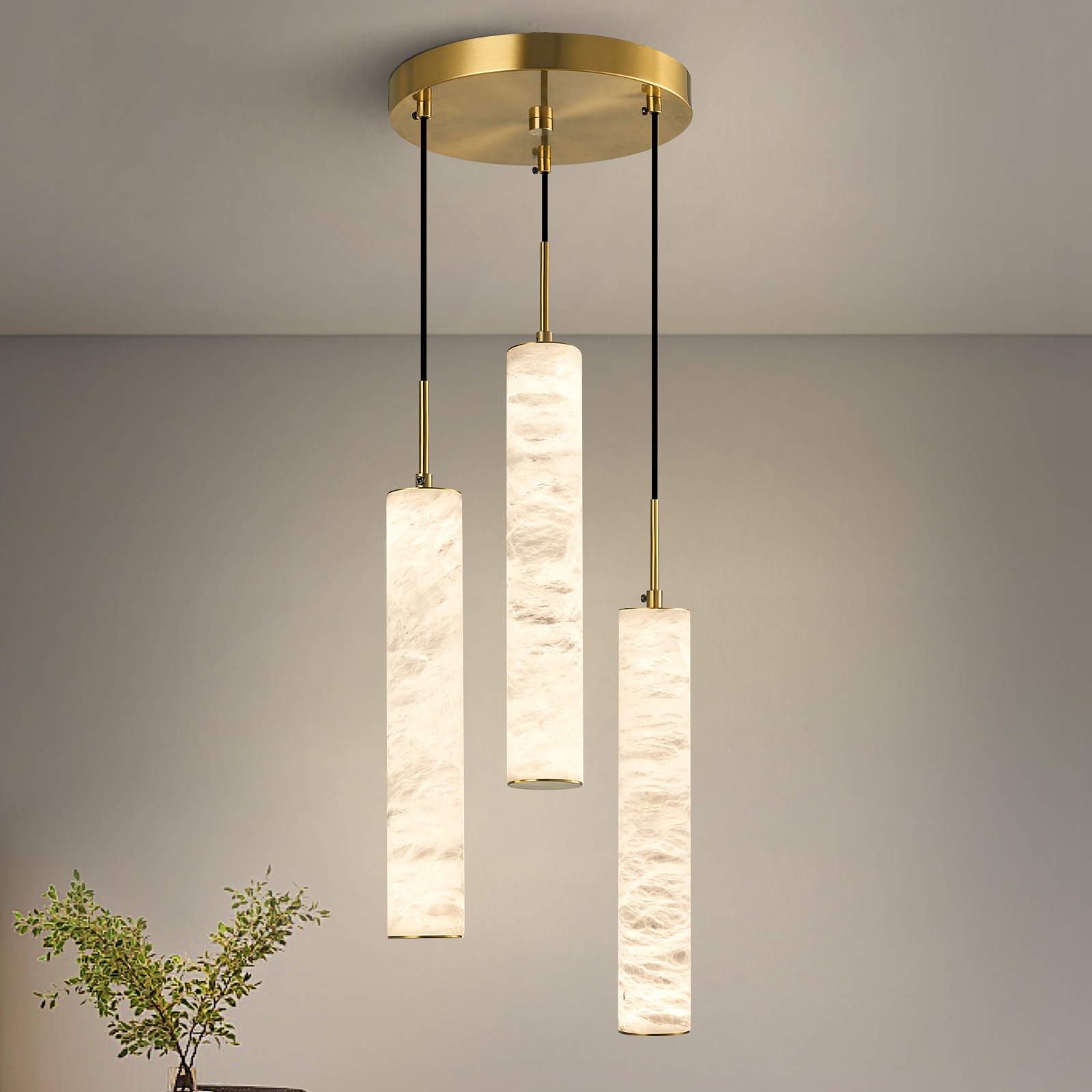 ZHLLMQ Modern 3-Light Gold Series Natural Alabaster Cylindrical Integrated LED 9.84 Inch Kitchen Island Hardwired Dimmable Multi Pendant Chandelier