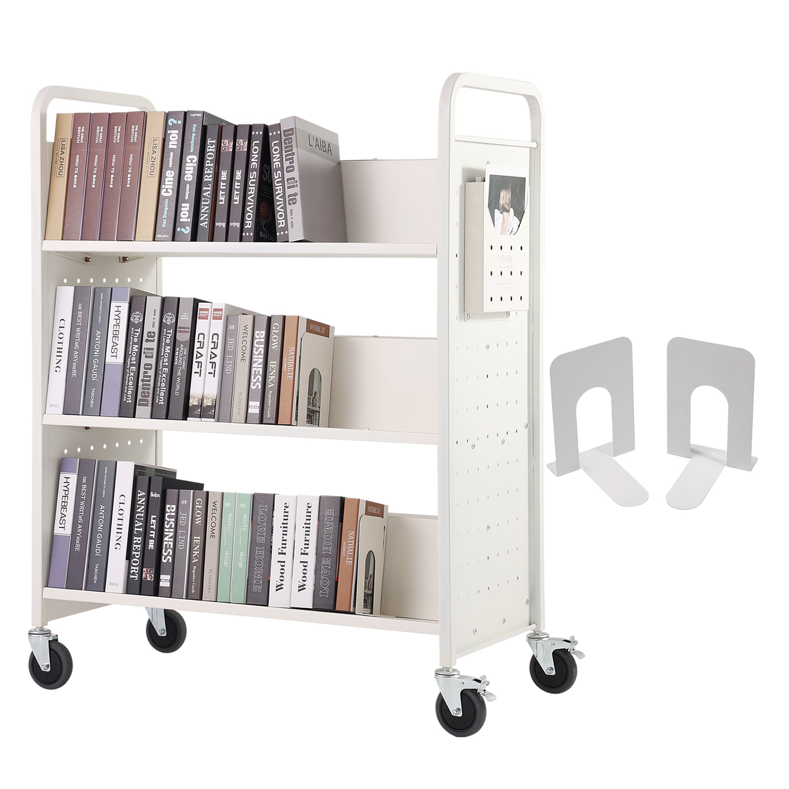 White Double-Sided Rolling Book Cart with Lockable Wheels