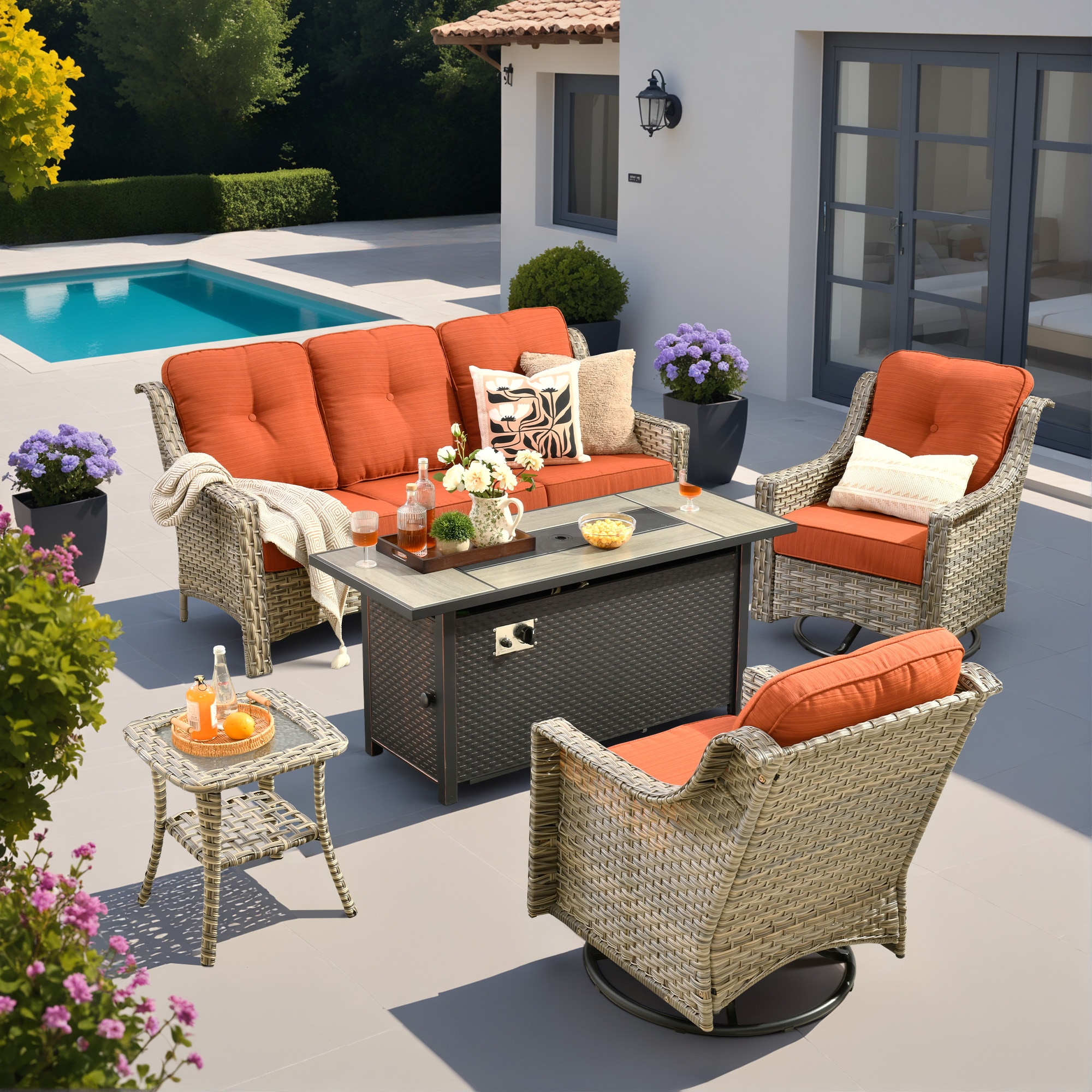 Ovios RFP5PD804Y 5 -Piece Rattan Patio Sofa Conversation Set with Orange Cushions