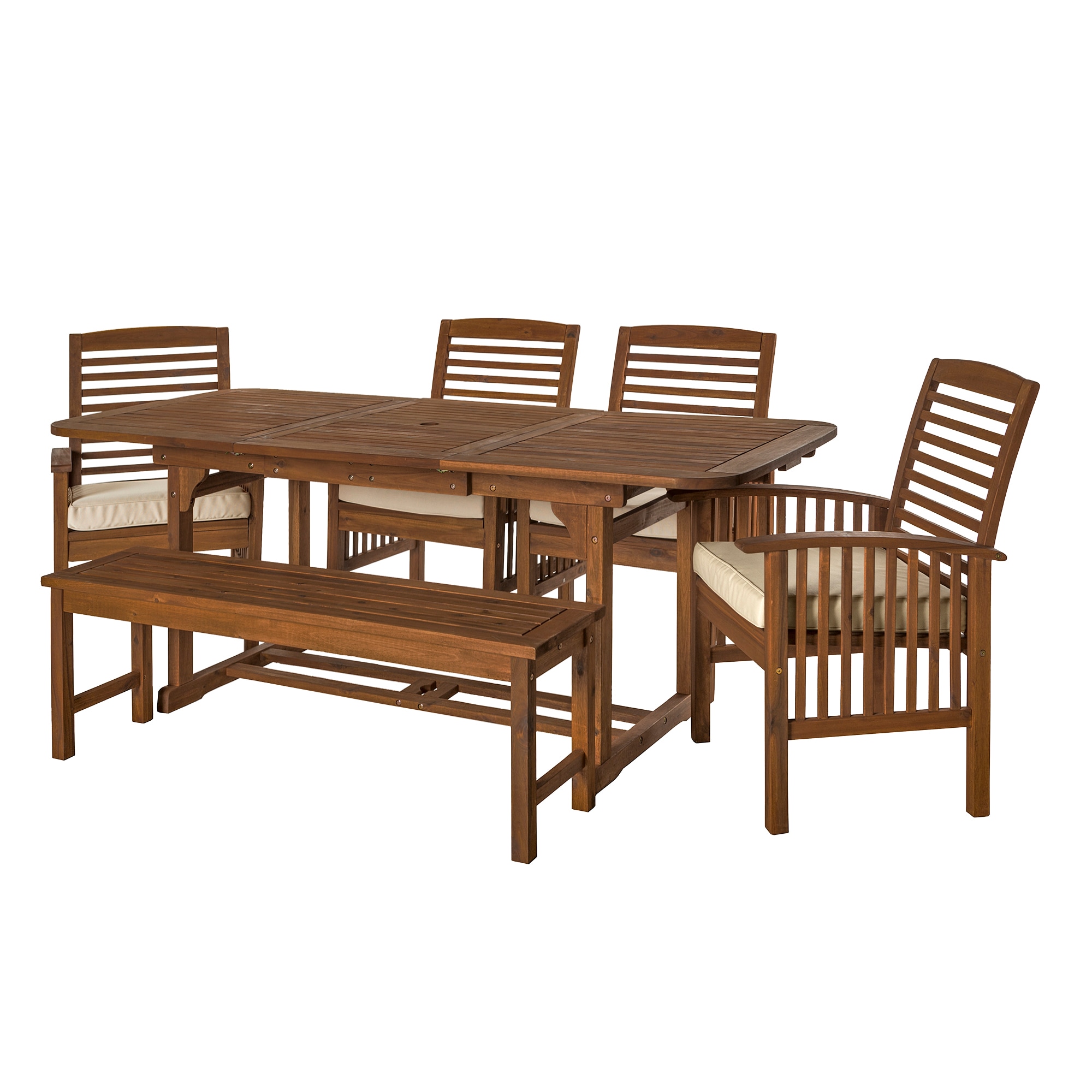 Walker Edison LWW6SDB 6 -Piece Dark Brown Patio Dining Set Extendable Table Wood Rectangle Table with 4 Tan Cushions Stationary Chairs