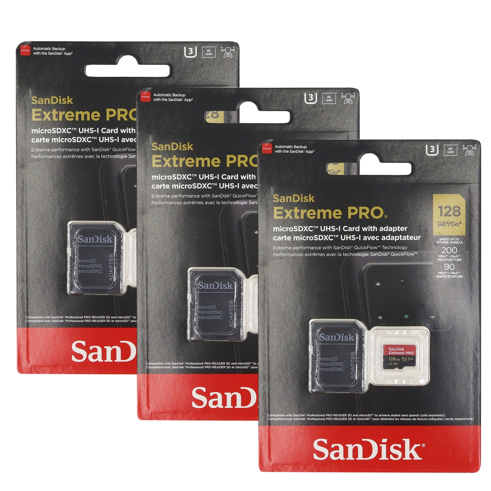 SanDisk 3x  128GB Extreme Pro UHSI Micro SD Up to 200MBs Read 90MBs Write with SD Adapter