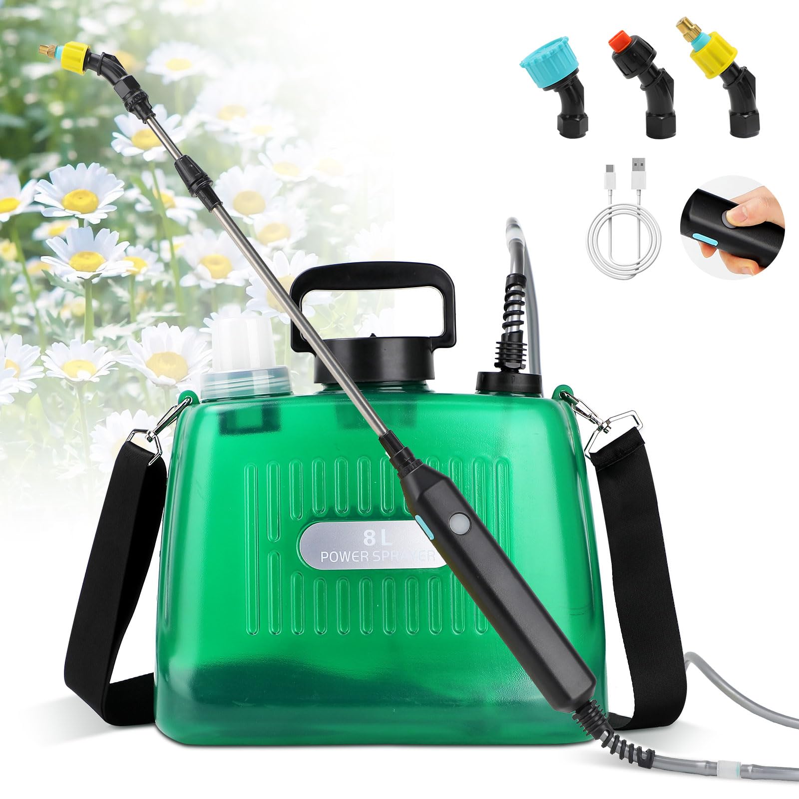 Justincity  Pump Sprayer 2 Gallon Bottle Electric Garden and Lawn Sprayer with Three Adjustable Mist Nozzles Retractable Wand Shoulder Strap Easy