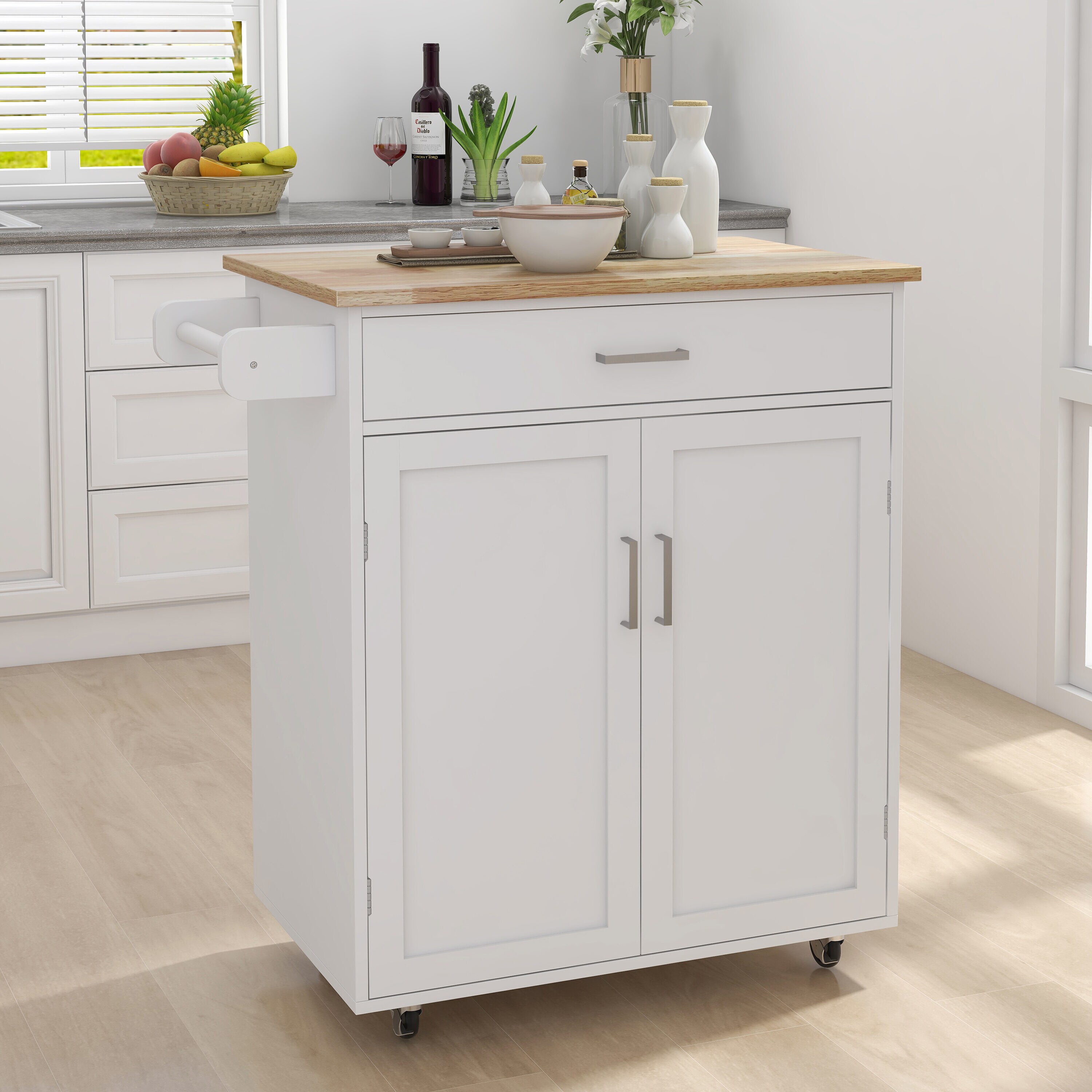 Runesay QCKCISLD03-40 White Wood Base with Wood Wood Top Rolling Kitchen Island ( 17.72-in x 32.68-in x 36.02-in )