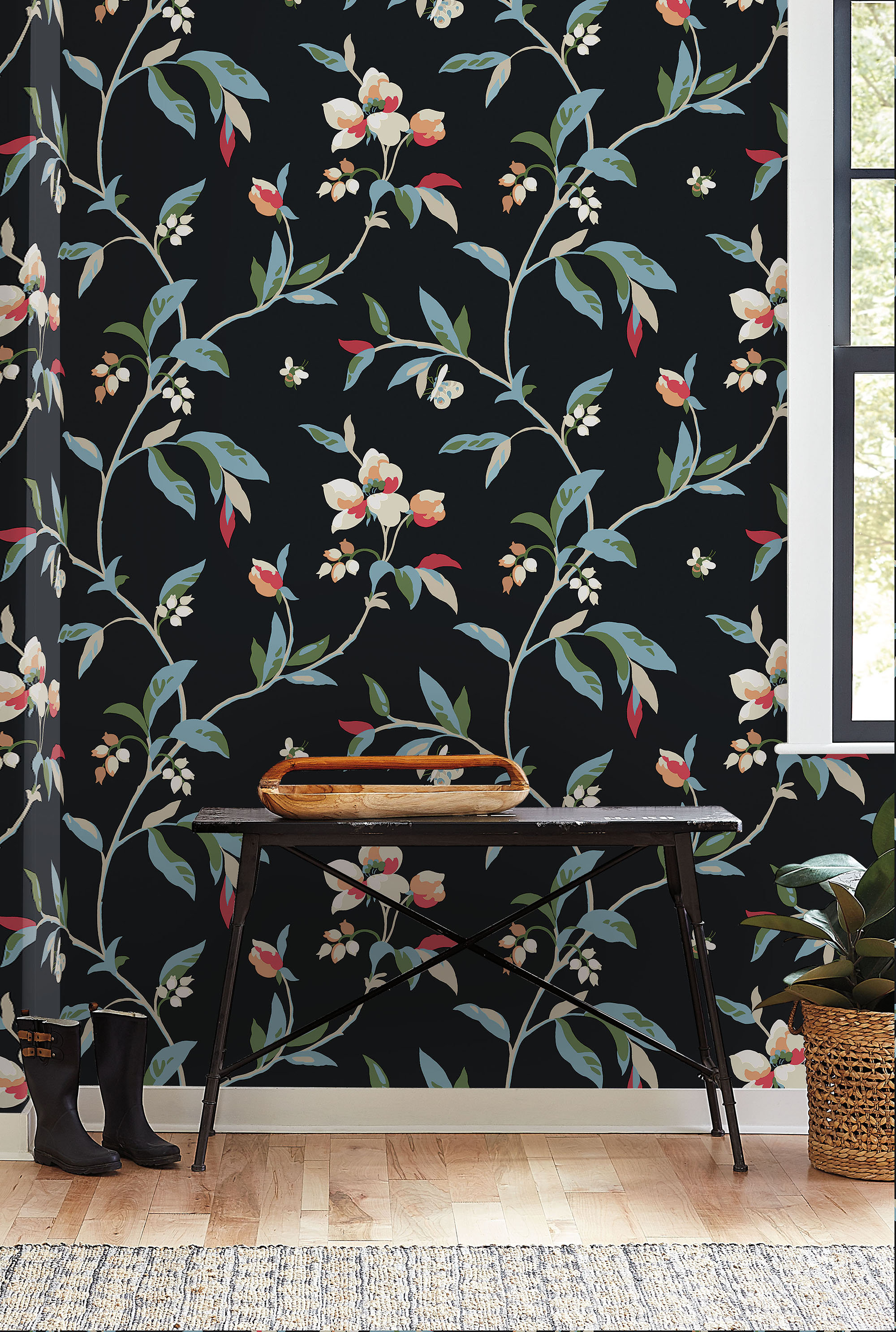 York Wallcoverings GO8281 Greenhouse 60.8-Sq. Feet Black Non-woven Floral Prepasted Water Activated Paste Wallpaper