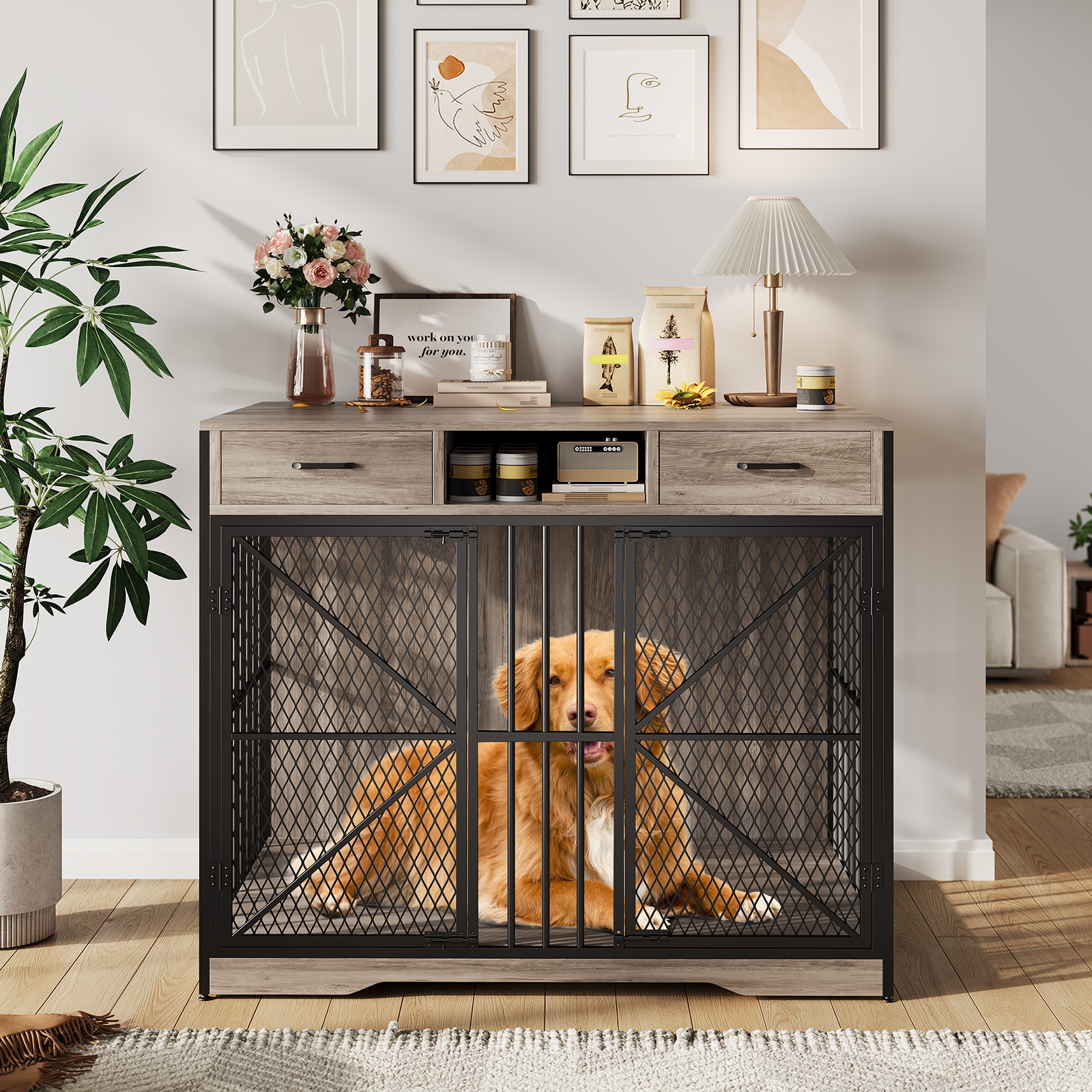 IdealHouse - 44 Inch Wooden Dog Crate Furniture with Drawers Heavy-Duty Indoor Dog Cage with Doub...