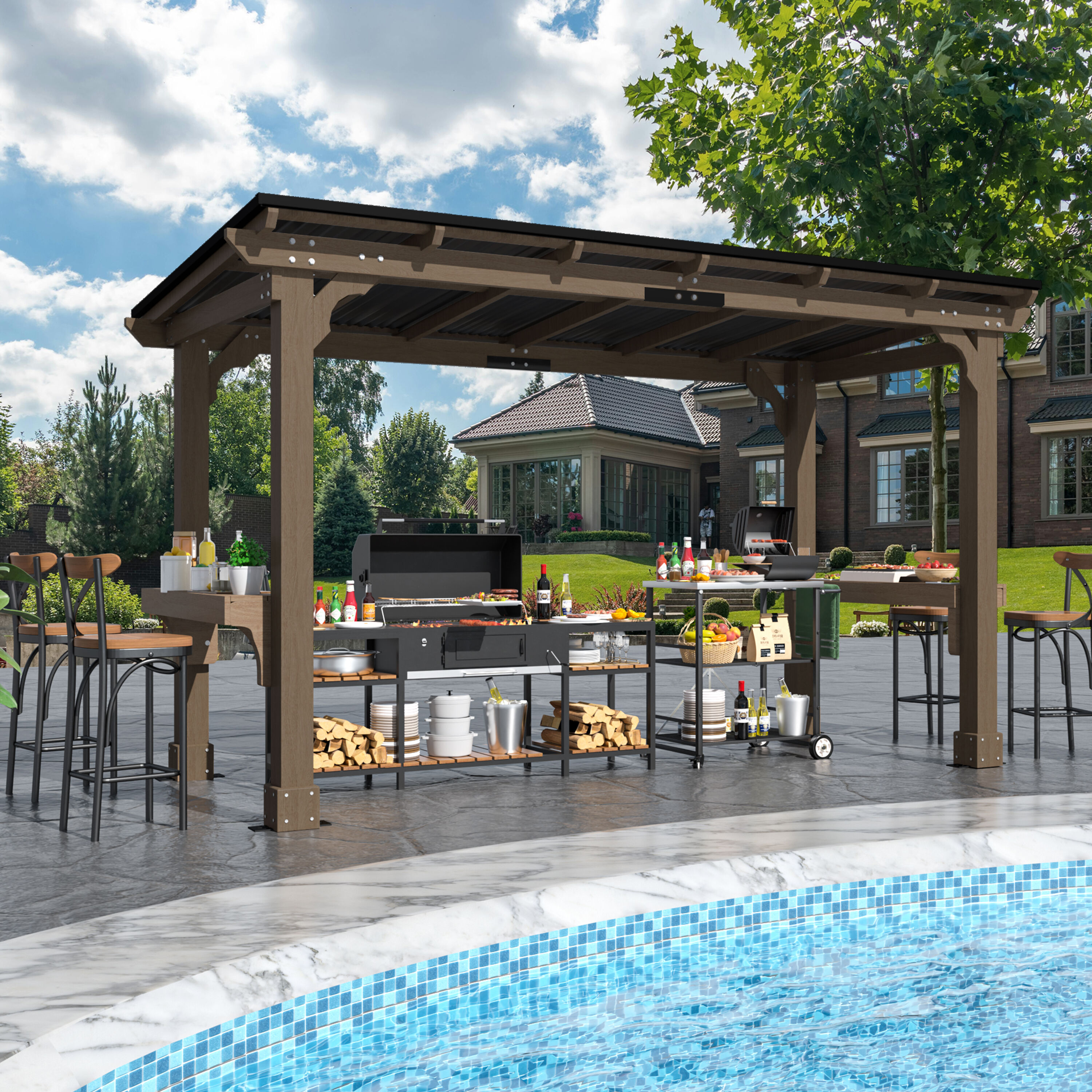 VEIKOUS PG0201-35-L 13-ft x 6-ft Grill Gazebo light mocha brown Grill Gazebo with Hardtop Roof