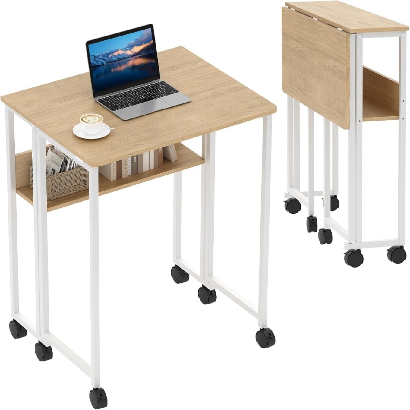 Rolling Computer Table on Wheels SpaceSaving Collapsible Laptop Desk with Storage Shelf Sturdy Iron Frame Compact Mobile Workstation for Small Spaces
