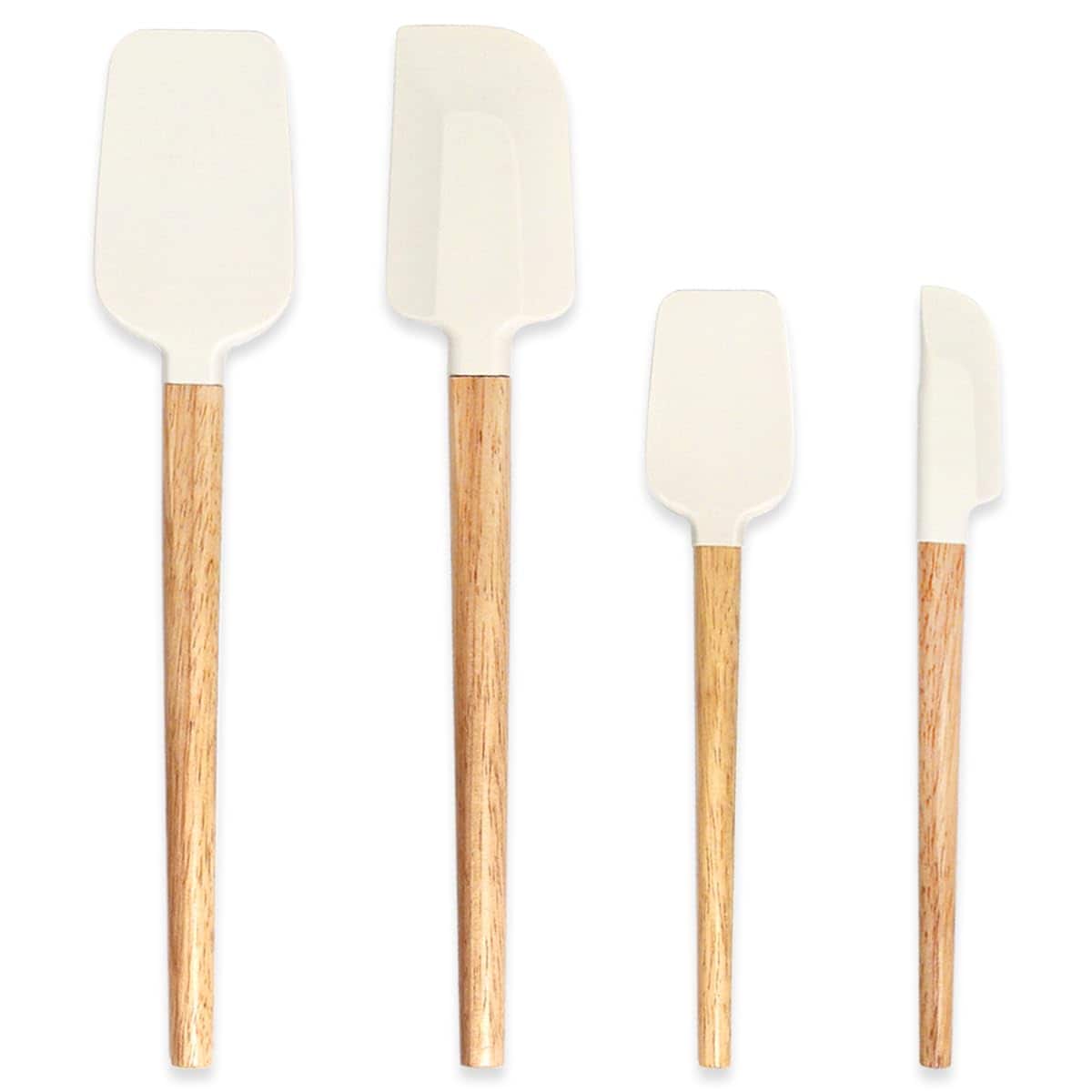 LILILIAN FMY  Silicone Spatula Set 4 Piece Food Grade Rubber Off White Wooden Handle Heat Resistant Up to Six Hundred Degrees Fahrenheit