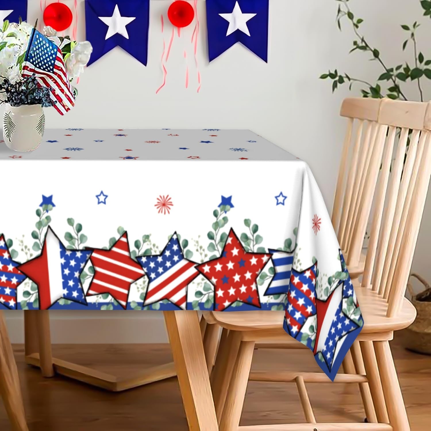 Phewnyzo Patriotic Tablecloth 60 x 84 Inch Rectangular Blue Red Star Independence Day Table Cover Washable Polyester for 4th of July Party #LPW0519W051