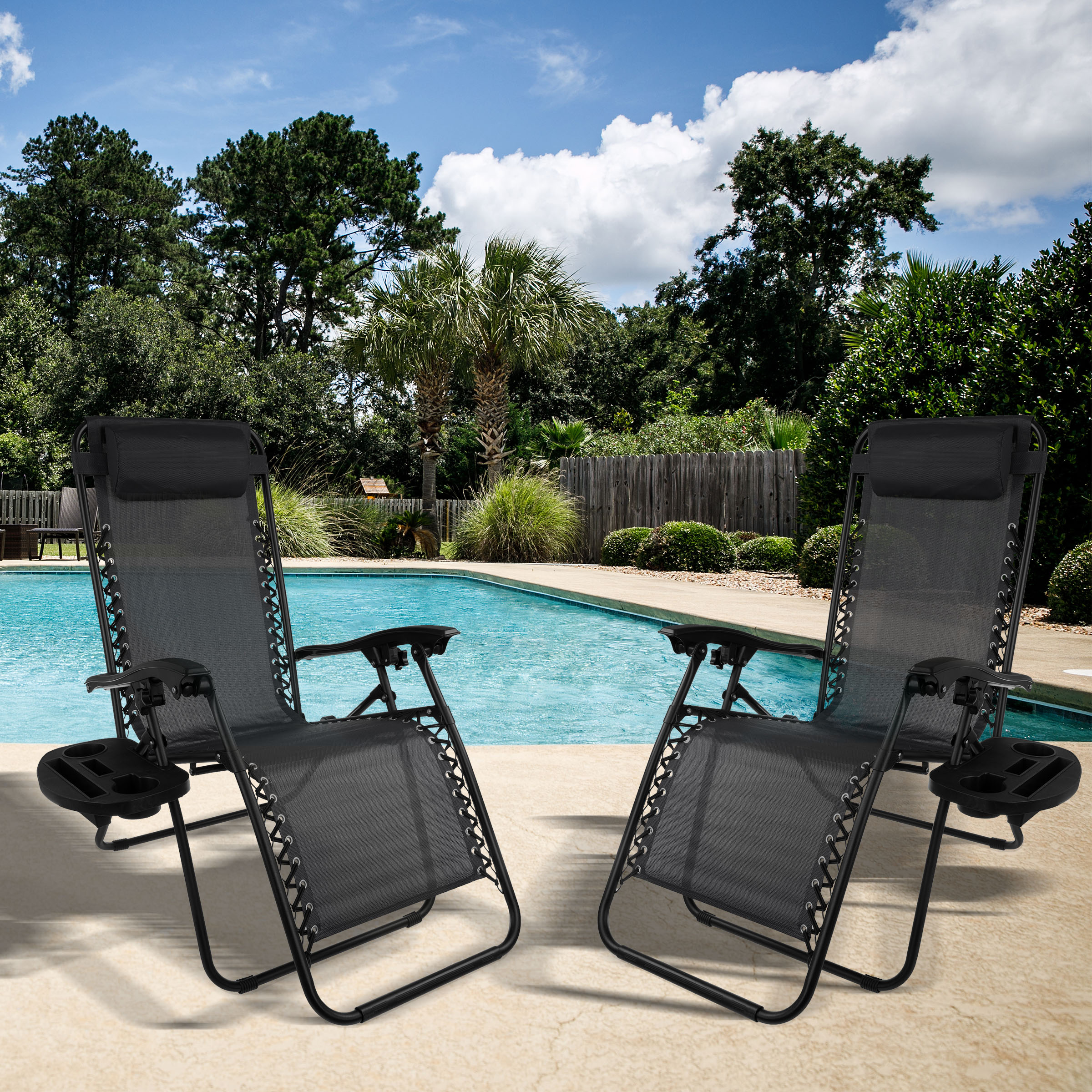 Hastings Home 492824QJM Zero Gravity Chairs Set of 2 Black Steel Frame Swivel Zero Gravity Chair with Black Solid Seat