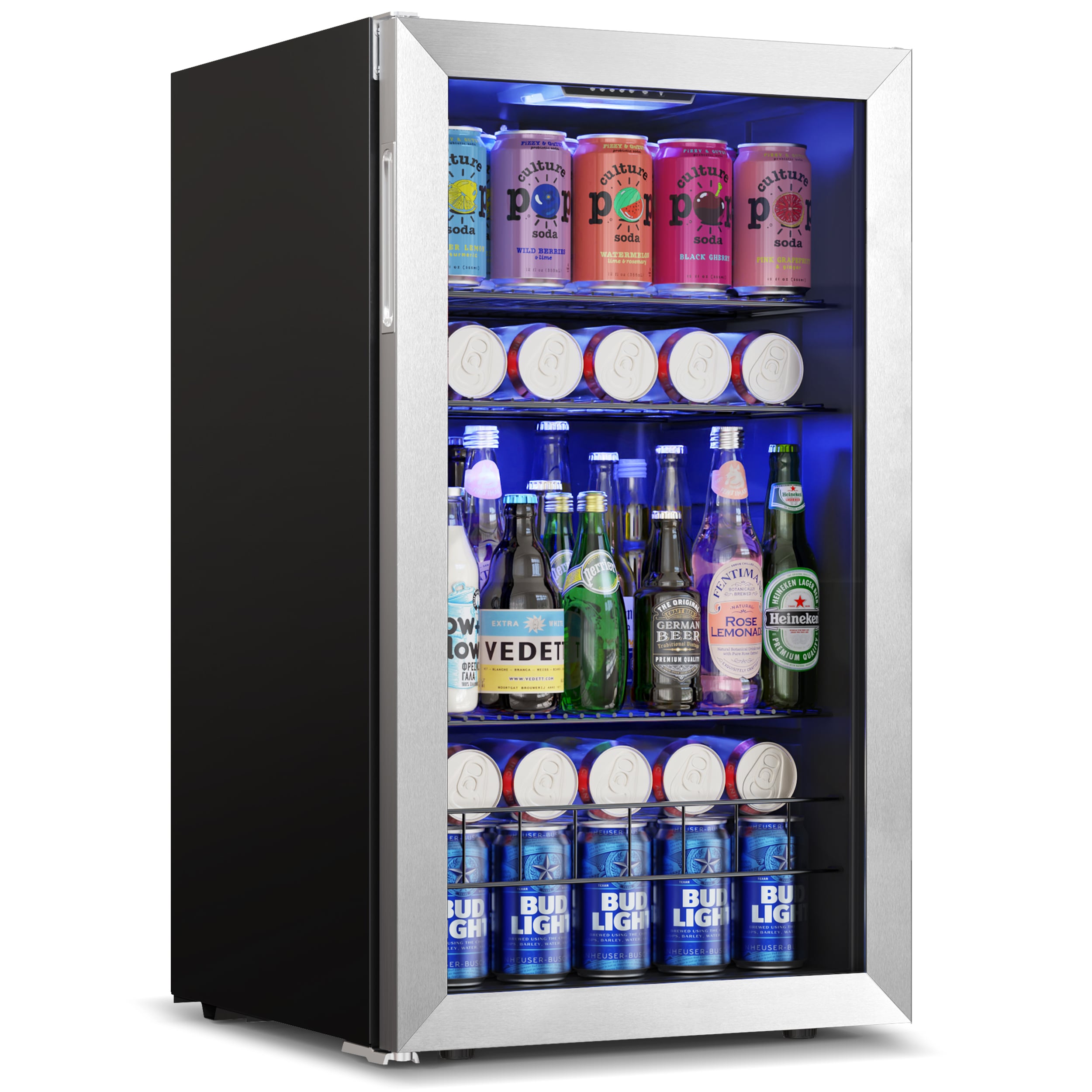Yeego YEG-BSJC95-LS 18.8-Inches W 140 -Can Capacity Stainless steel Freestanding Indoor Beverage Refrigerator with Glass Door