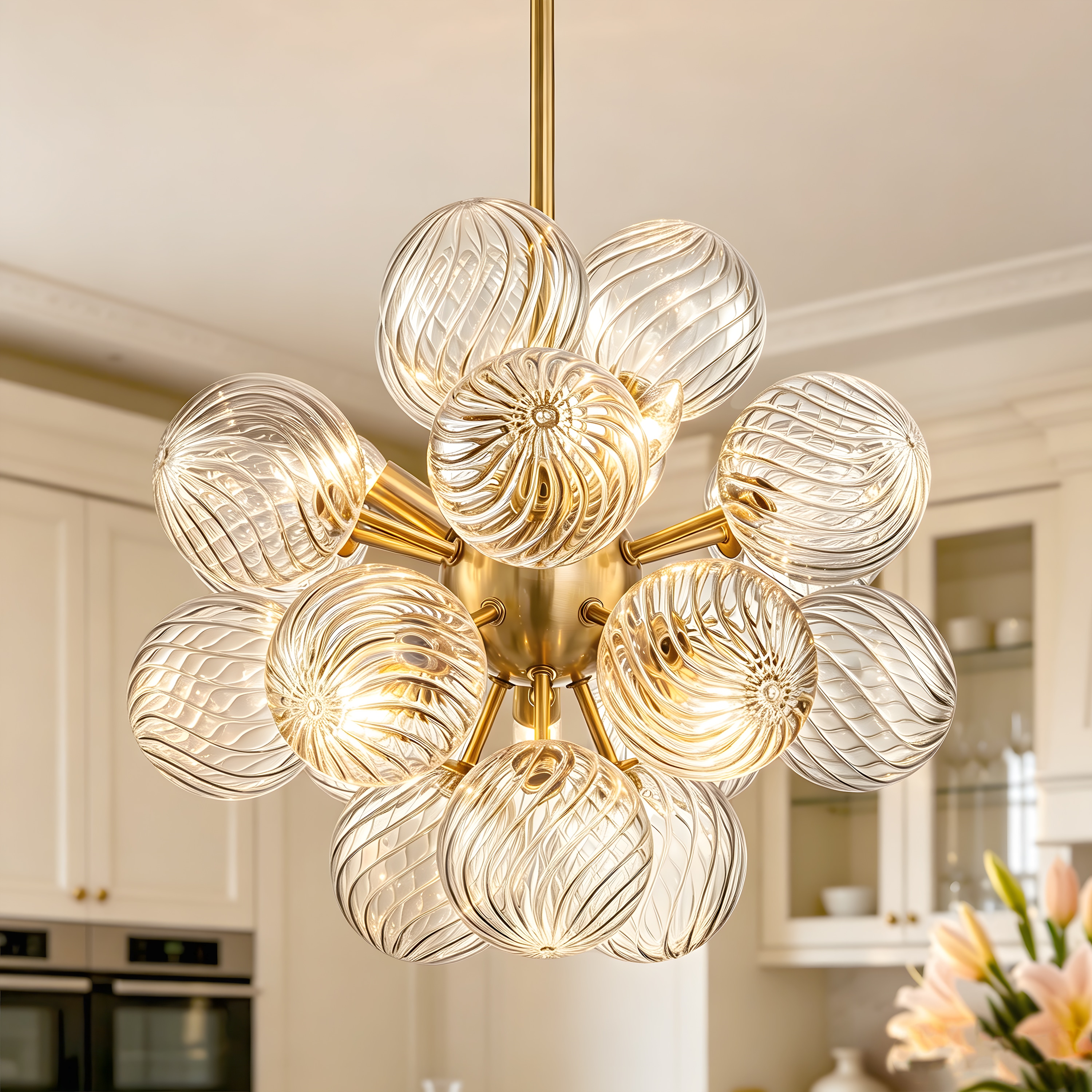 GoYeel 6-Light Gold Modern Clear Swirled Glass Bubble Chandelier for Living Room