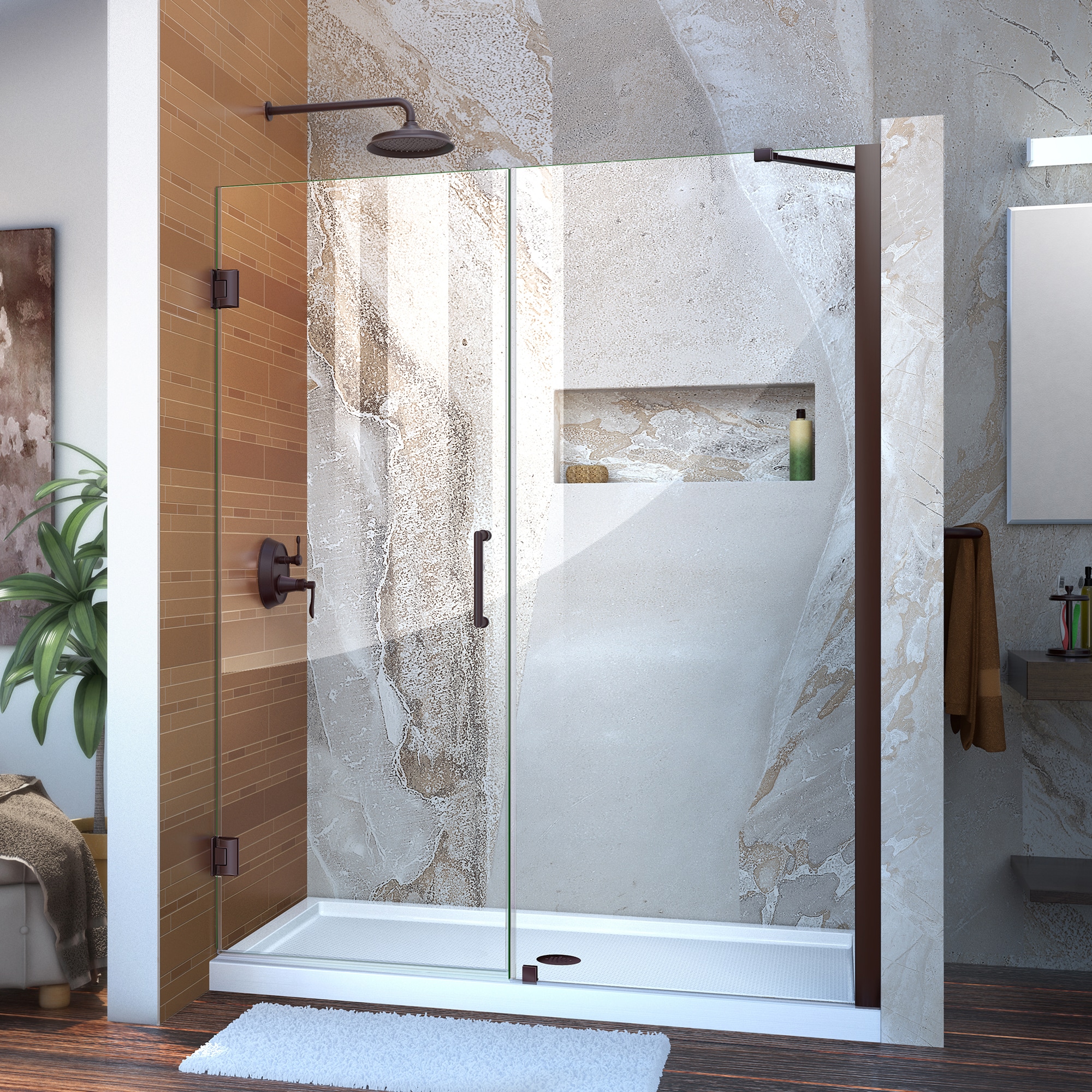 DreamLine SHDR-20537210C-06 Unidoor Oil Rubbed Bronze 53-in to 54-in W x 72-in H Frameless Hinged Shower door 3/8-in Thick Clear Glass