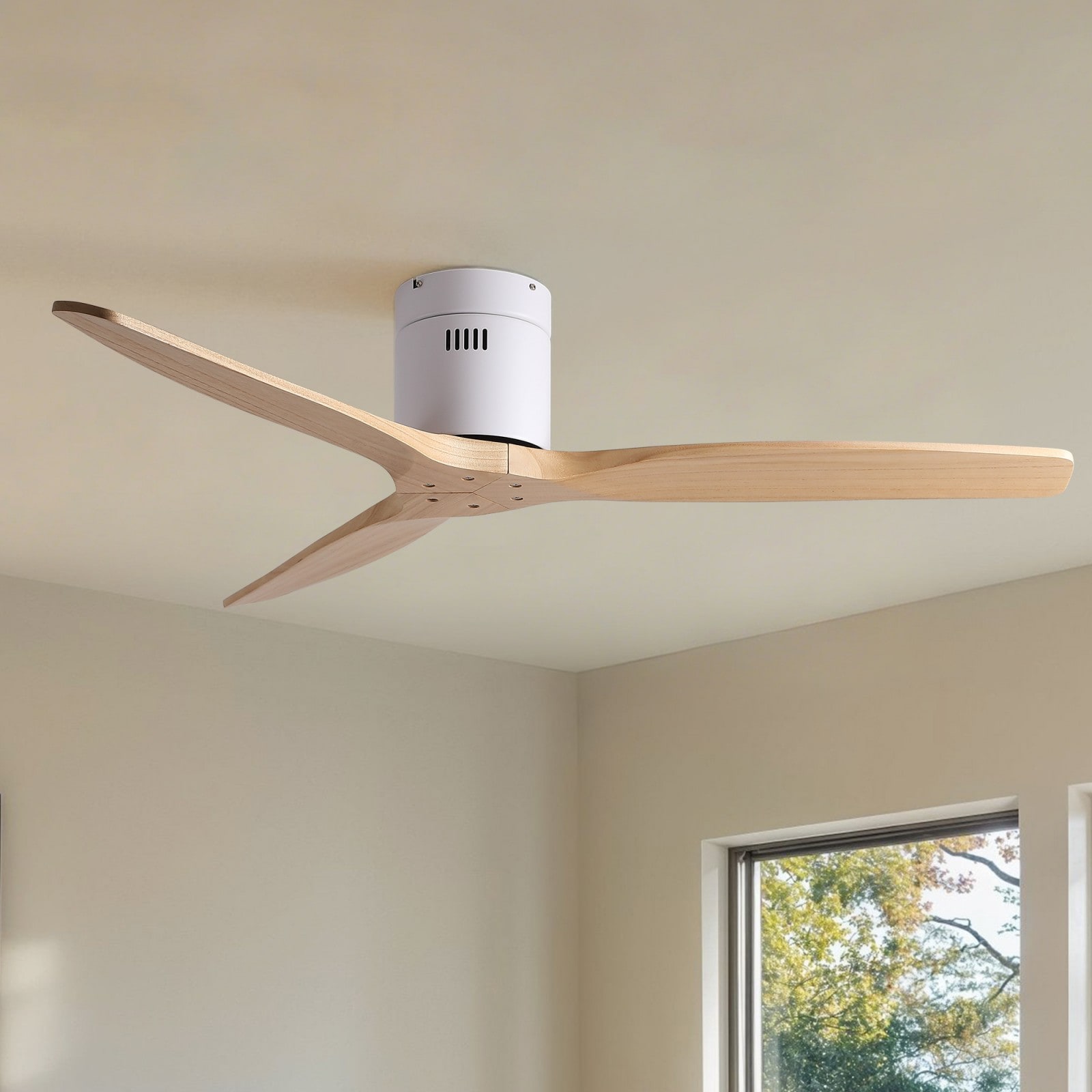 GlasFlength  52-Inch American Farmhouse Rustic Classical Solid Wood Low Profile Flush Mount Ceiling Fan without Light for Living Room Bedroom Indoor Home Spaces