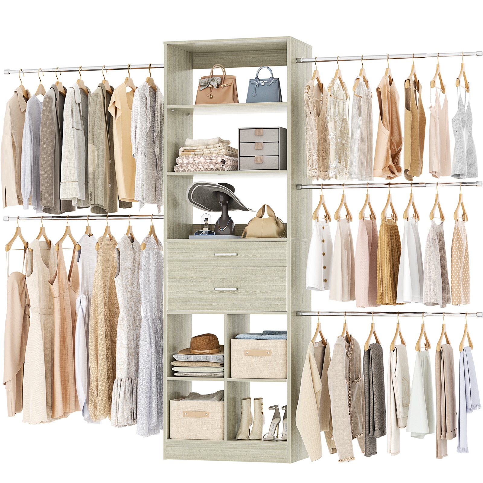 Aheaplus  4-8 FT Closet System with 2Wooden Drawers 5 Hanging Rods Greige Oak