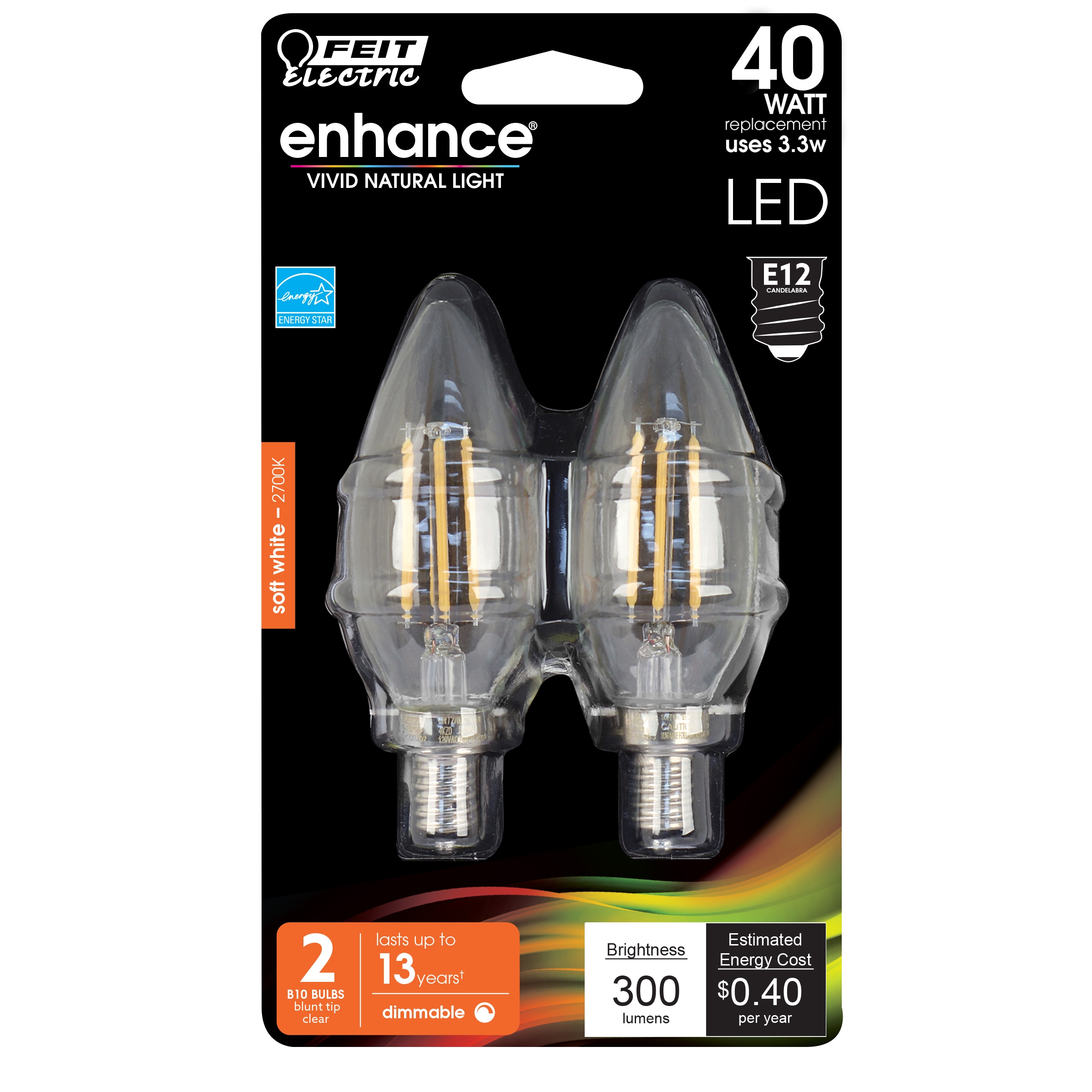Feit 40W Equivalent Dimmable Frosted LED Chandelier Bulbs, 2-Pack