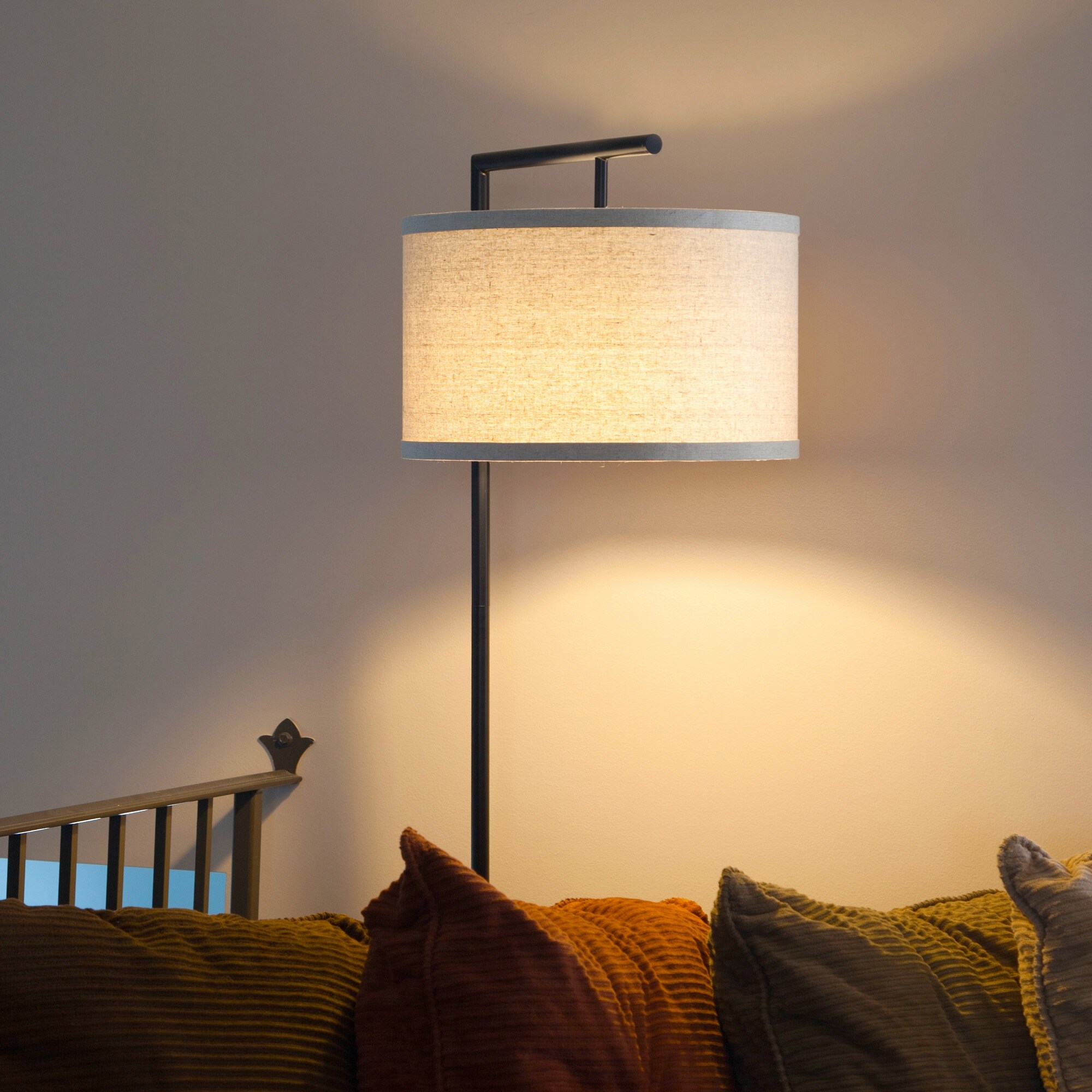 Black 60 in. LED Floor Lamp with Fabric Drum Shade