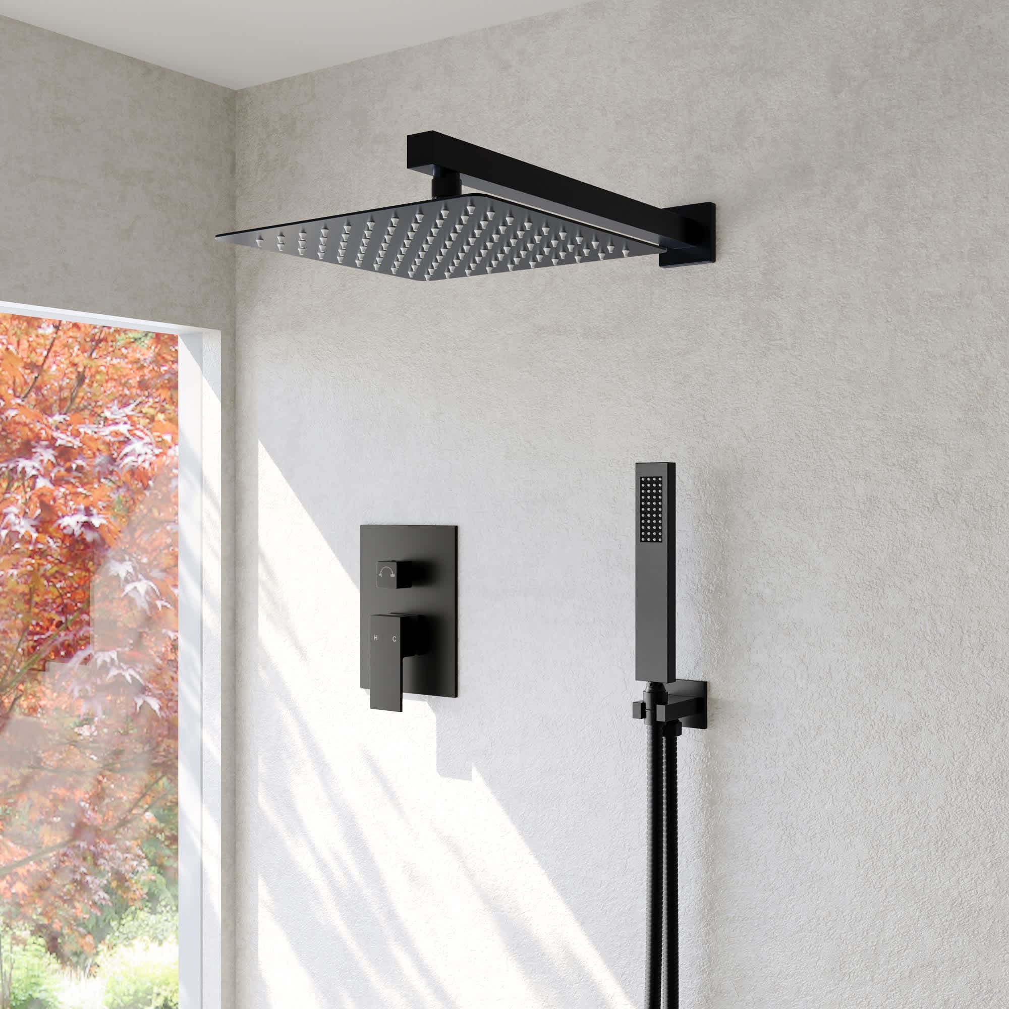 EVERSTEIN M6066BI-10BL Single-Handle Rain 2-Spray Square 10 in. Dual Shower Head Fixed and Handheld Shower Head in Matte Black