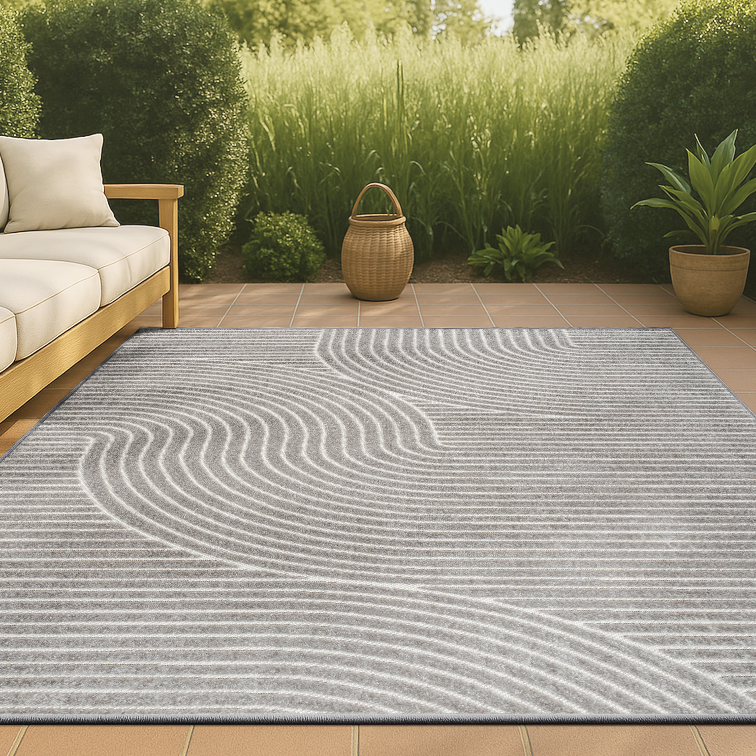 JONATHAN  Y SCN100A-4 SCANDINAVIAN Hallie High-Low Minimalist Curve 4 x 6 (ft) Loomed Polypropylene Gray/Ivory Rectangular Indoor/Outdoor Geometric Coastal Area rug
