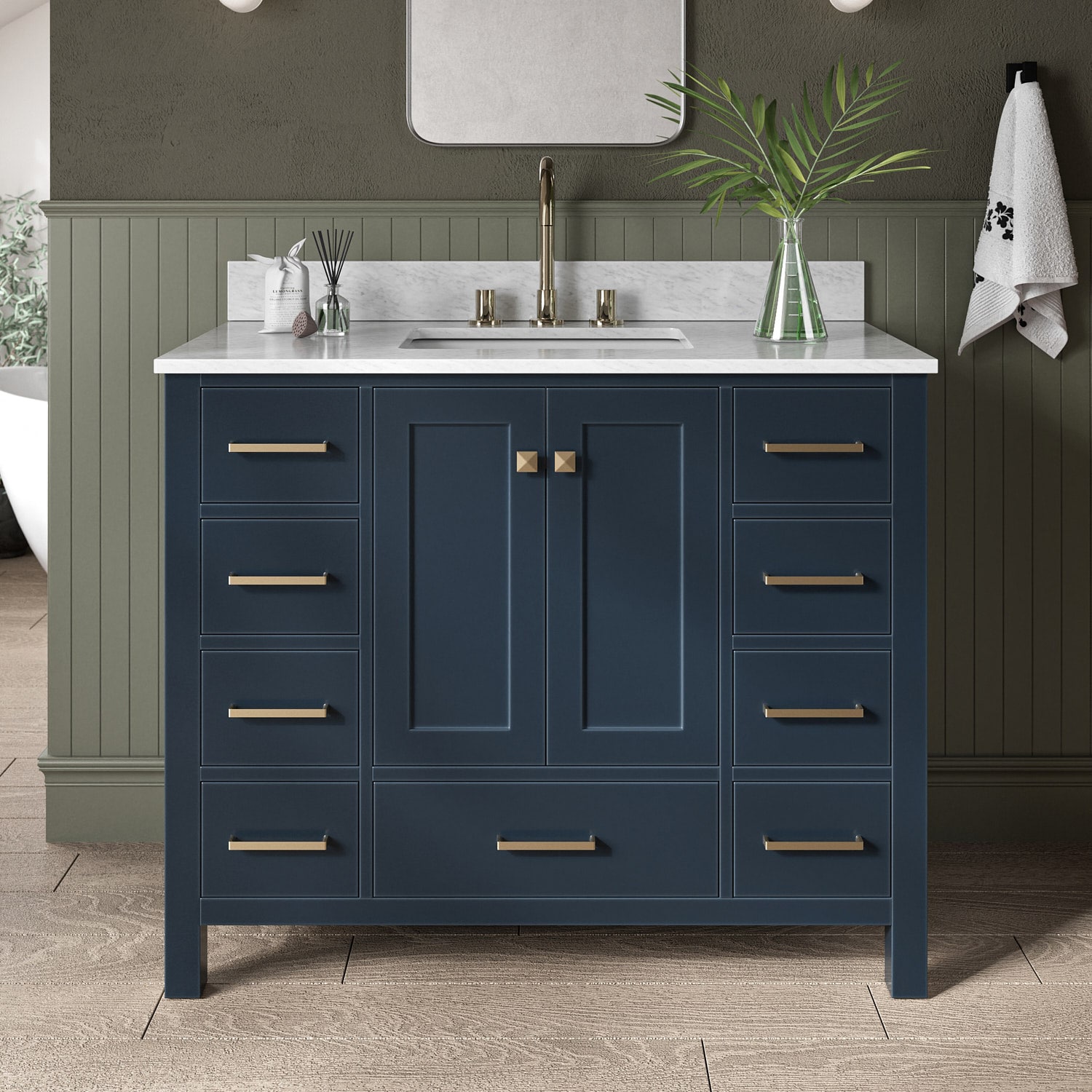 ARIEL A043SCW2RVOMNB Cambridge 43-in Midnight Blue Undermount Single sink Bathroom Vanity with 0.75" Carrara White Marble Natural marble Top