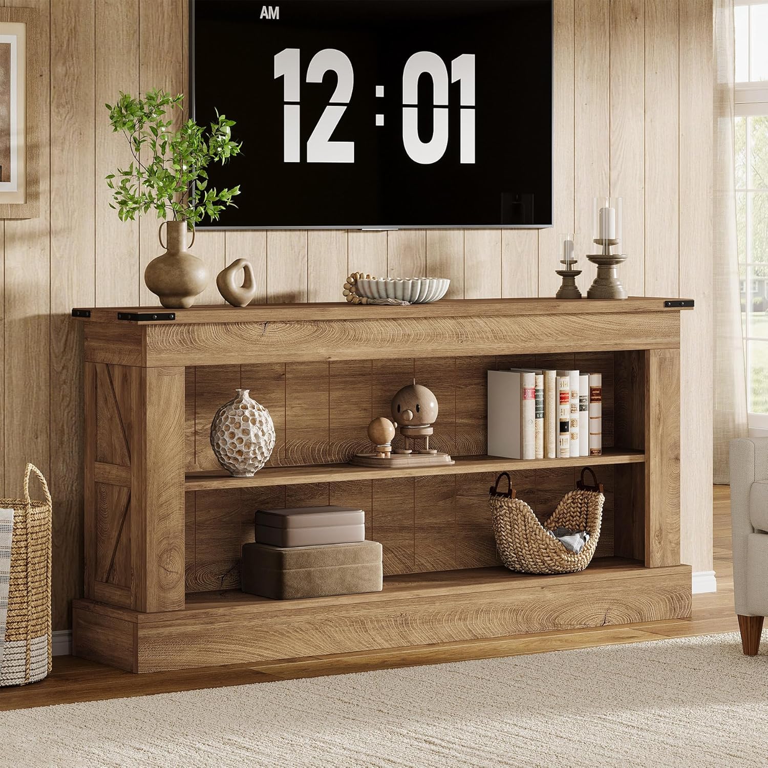 Tribesigns 63 inch W Farmhouse Narrow Long Wood Console Table with Shelves Brown for Entryway Living Room Foyer Hallway