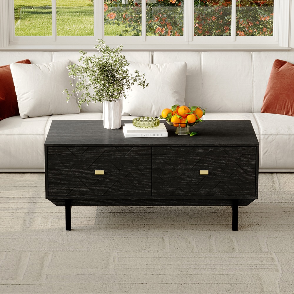 FUFU&GAGA Modern MDF Black 47.2-in W x 20.5-in H with Drawers Coffee Table