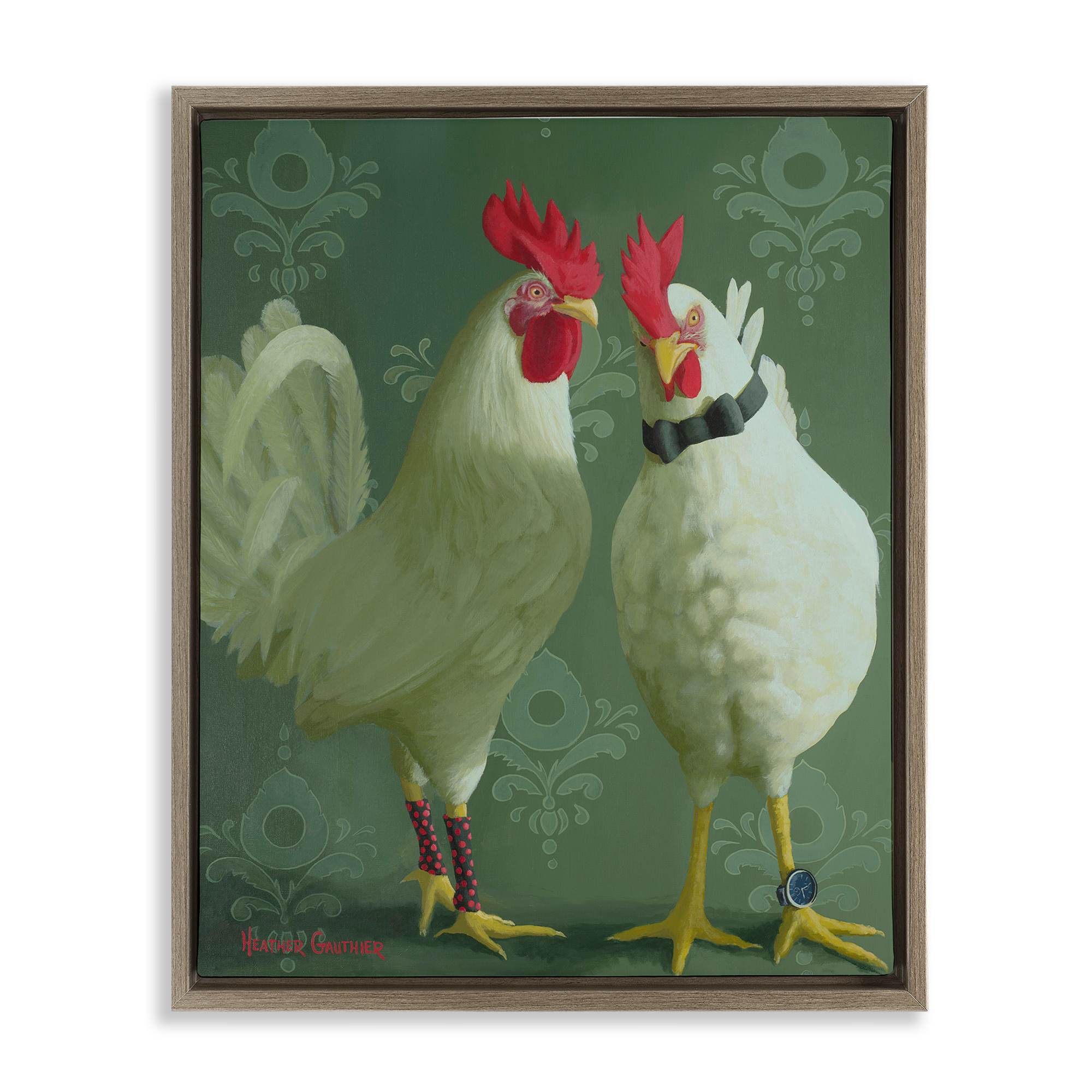 Stupell Industries BT-210-FFE-16X20 Stylish Roosters Pair Brown Framed Floater Canvas Wall Art By Heather Gauthier 17 x 21