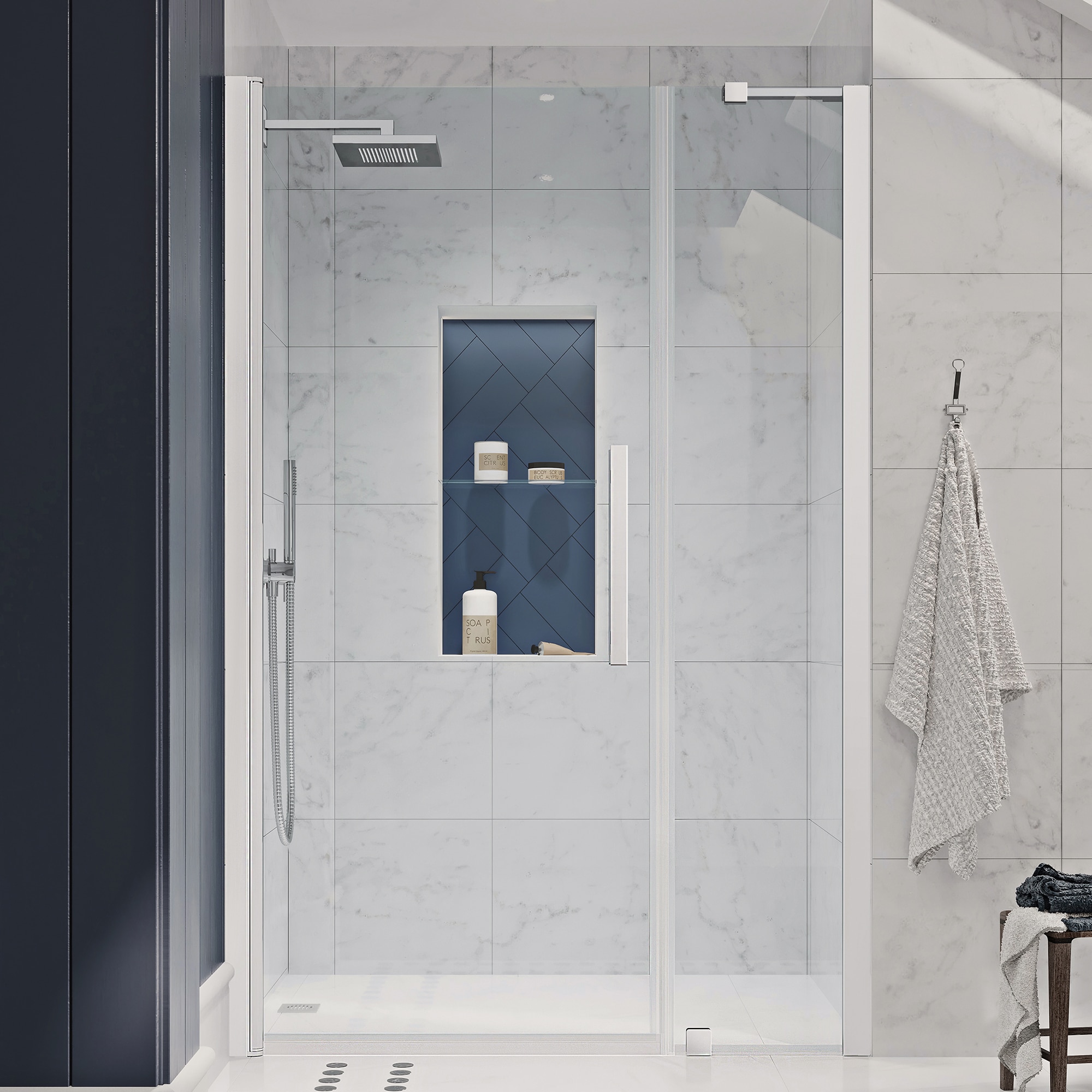 OVE Decors 828796051330 Pasadena Polished chrome 41-13/16-in to 43-3/4-in W x 72-Inches H Frameless Pivot Shower door 5/16-in Thick Clear Glass
