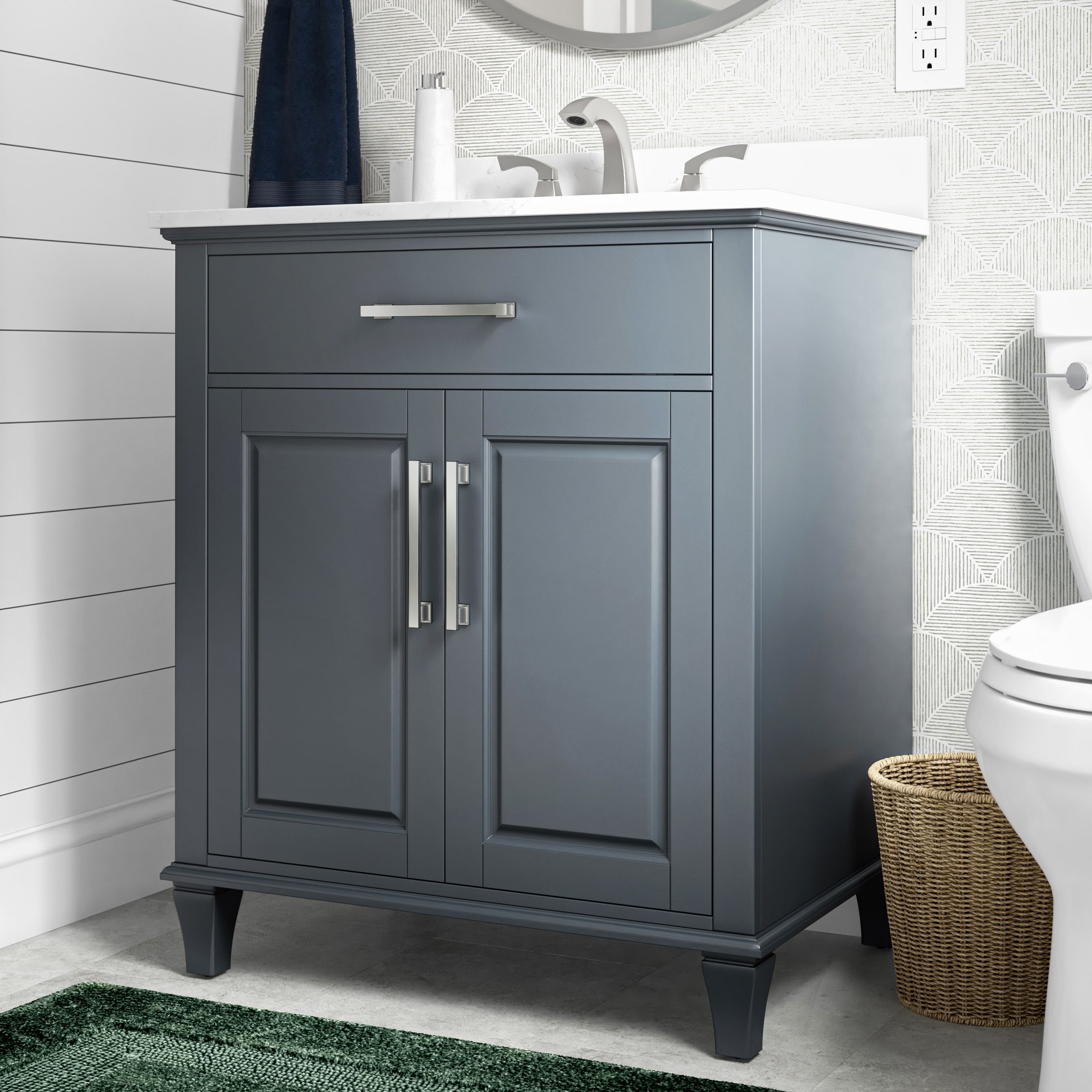 allen + roth Brookview 30-in Slate Blue Undermount Single Sink Bathroom  Vanity with Carrara Engineered Marble Top at