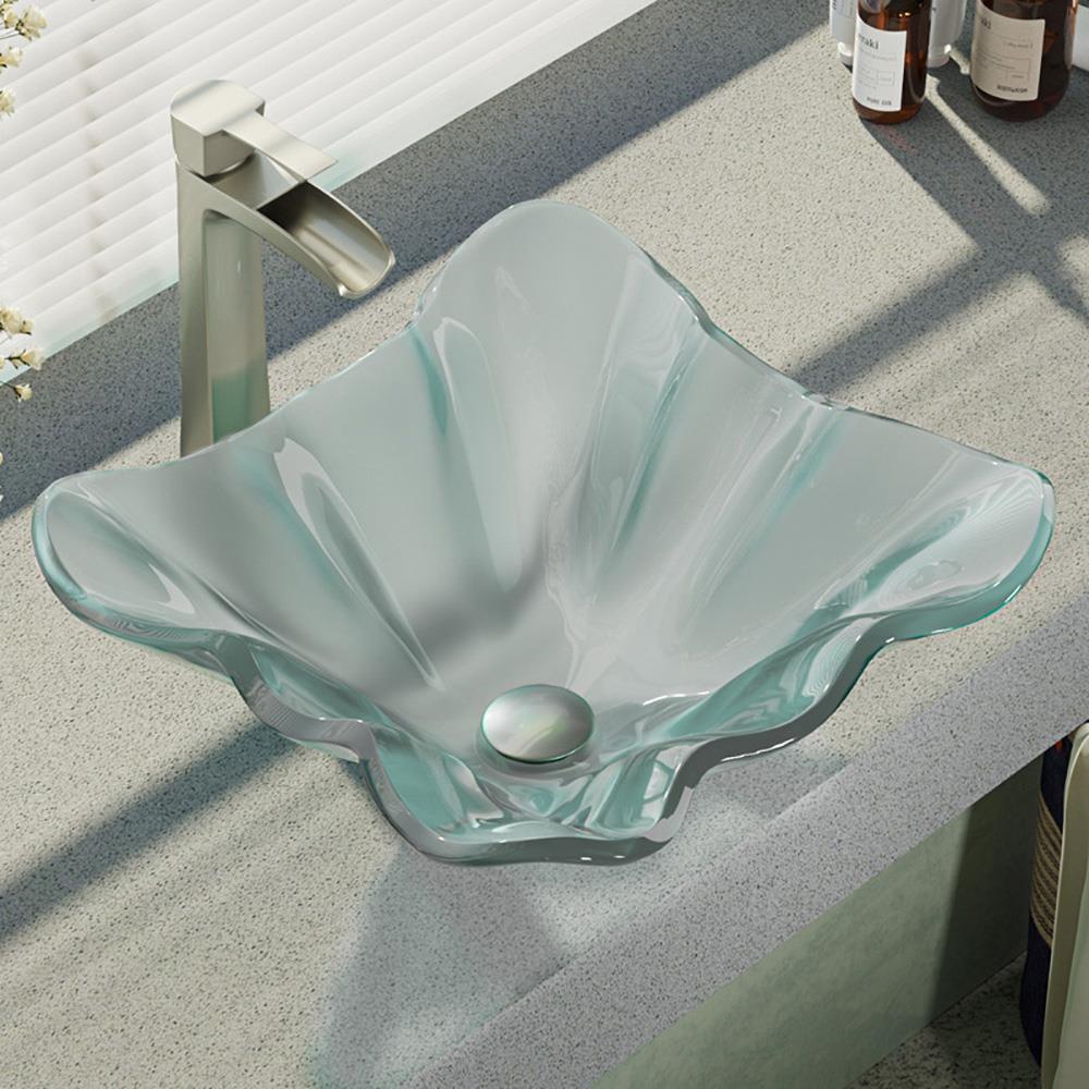 Rene R5-5011-R9-7007-BN Frosted Tempered Glass Vessel Irregular Modern Bathroom Sink with Faucet and Drain Included (17-in x 17-in)
