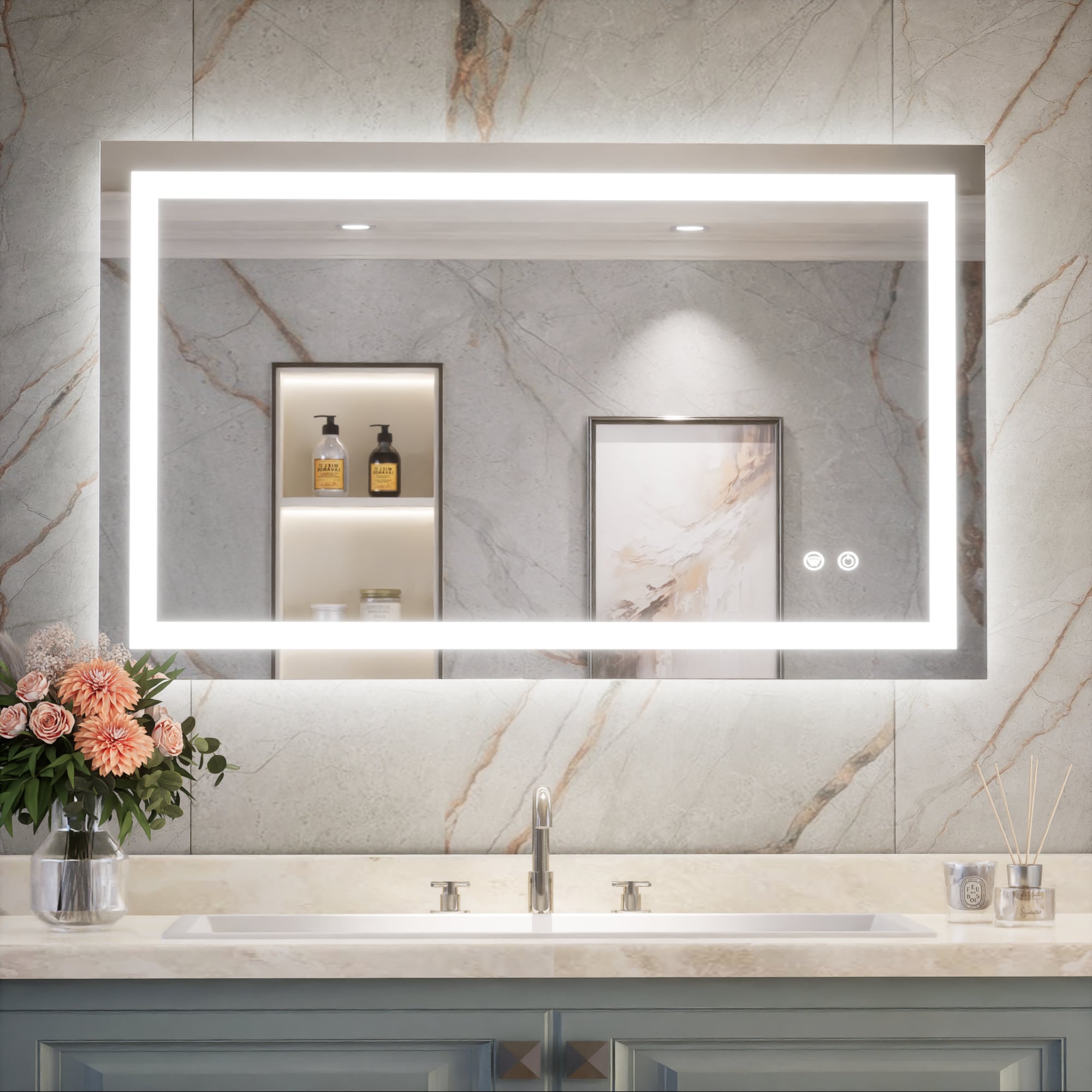 Keonjinn LW-ZBGFXFJ-10161F Bathroom Mirrors 40-in x 24-in Polished Frameless Rectangle Dimmable LED Lighted Fog Free Bathroom Vanity Mirror ( Silver )