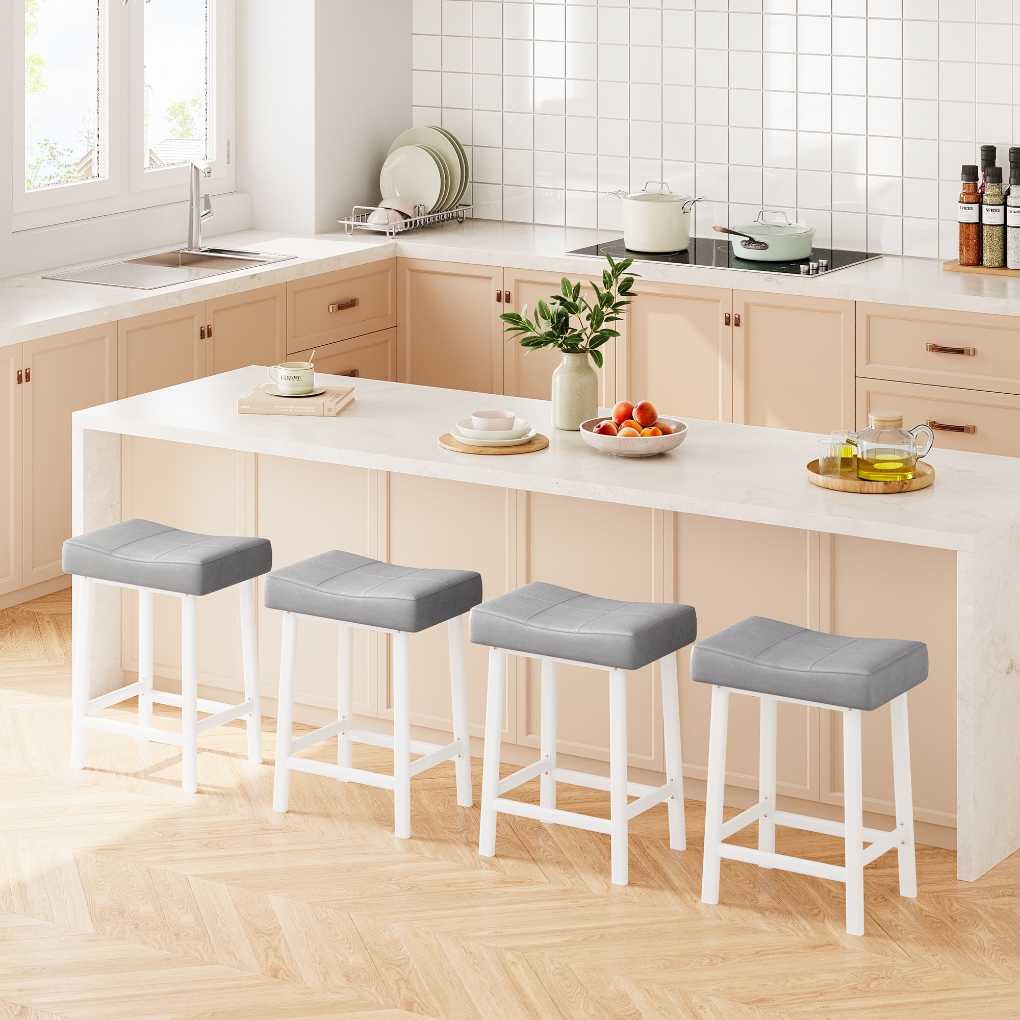 GarveeLife Counter Height Bar Stools Set of 4 24 Inch PU Leather Barstools with Heavy Duty Metal Legs Thick Saddle Seats Breakfast Stools for Kitchen Island Bar Dining Room-grey