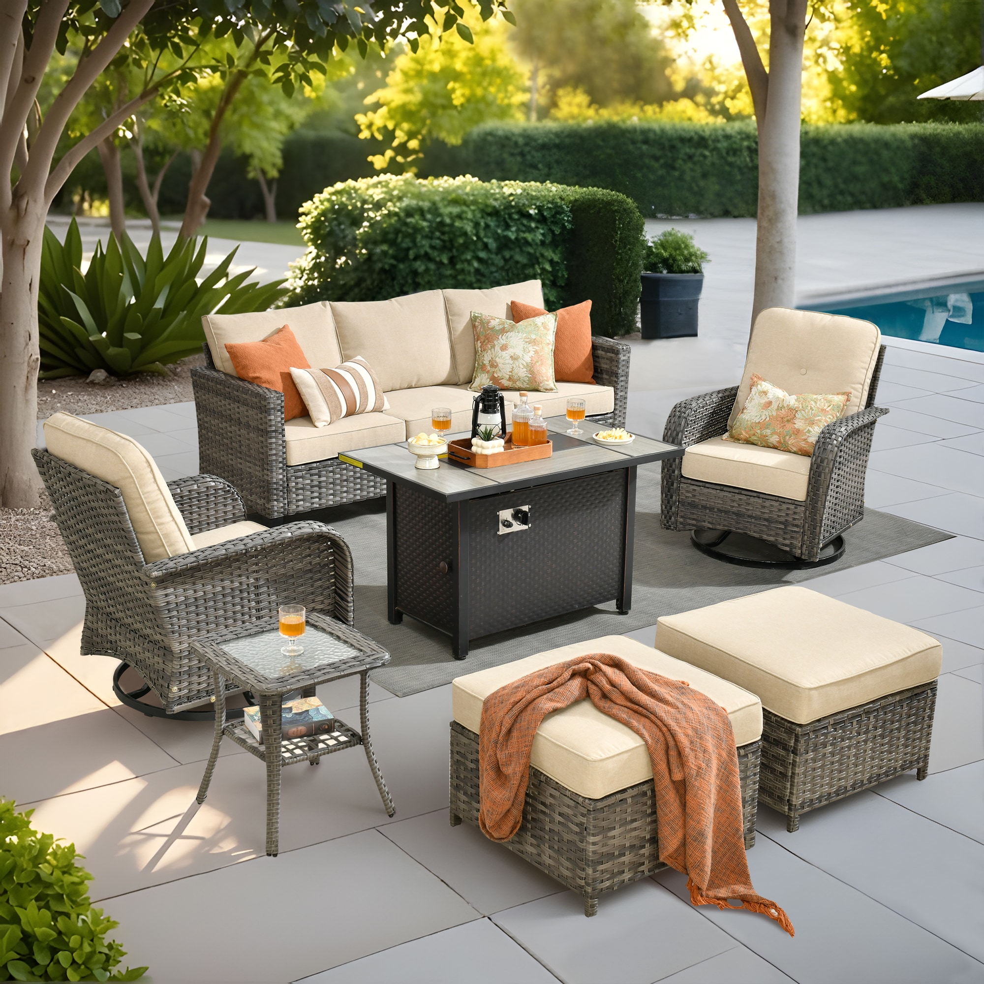 weaxty HMB03YZGNCRS6S71 Initial 7 -Piece Wicker Patio Sofa Conversation Set with Off-white Cushions