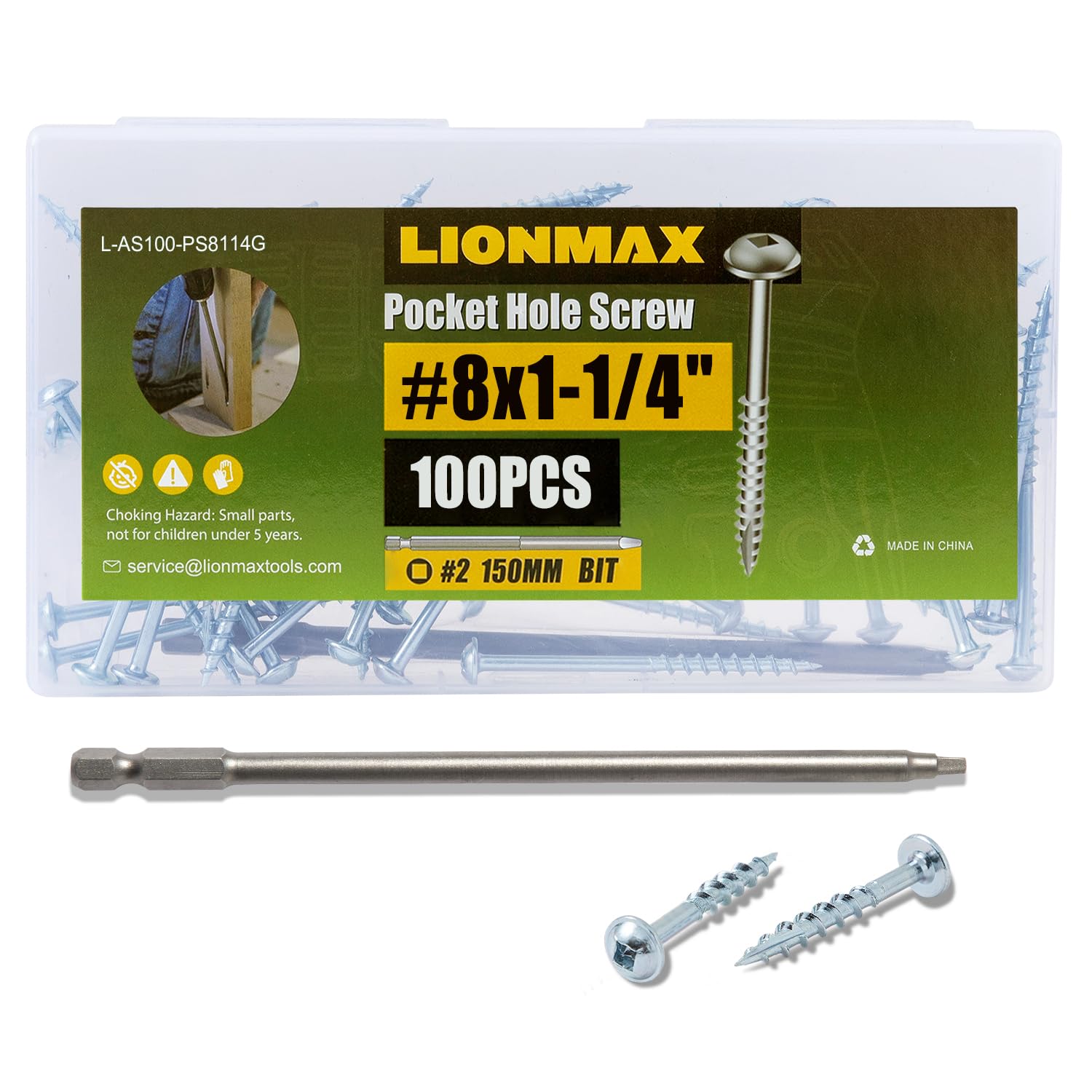 LIONMAX  Pocket Hole Screws 1 1 4 Inch 100 PCS Interior 8 Pocket Screws Galvanized Rust Resistant Coarse Thread Square Drive Washer Head Zinc Plated Self Tapping 150MM Drive Bit Included
