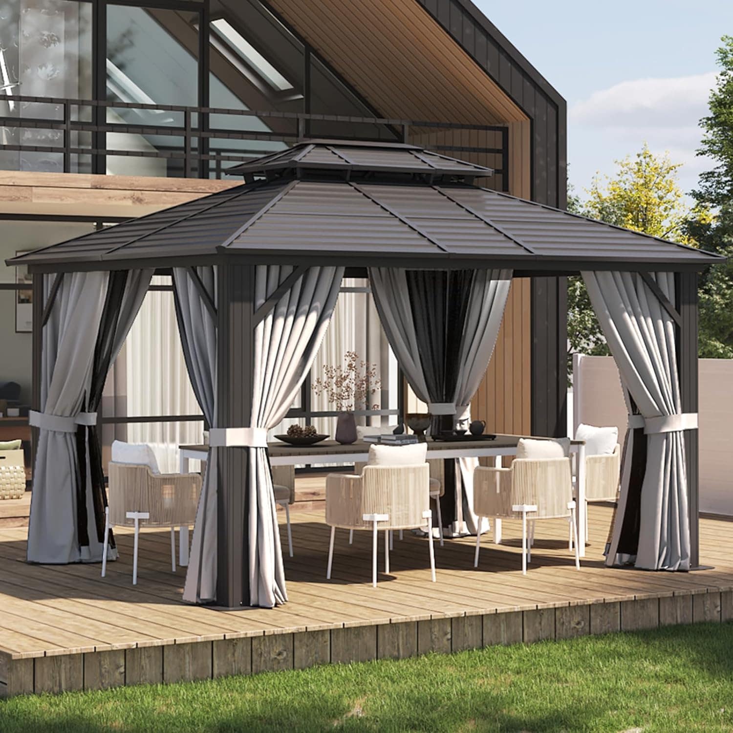 AOXUN G30014 12-ft x 10-ft Gazebo Black Grill Gazebo with Hardtop Roof (Screen Included)