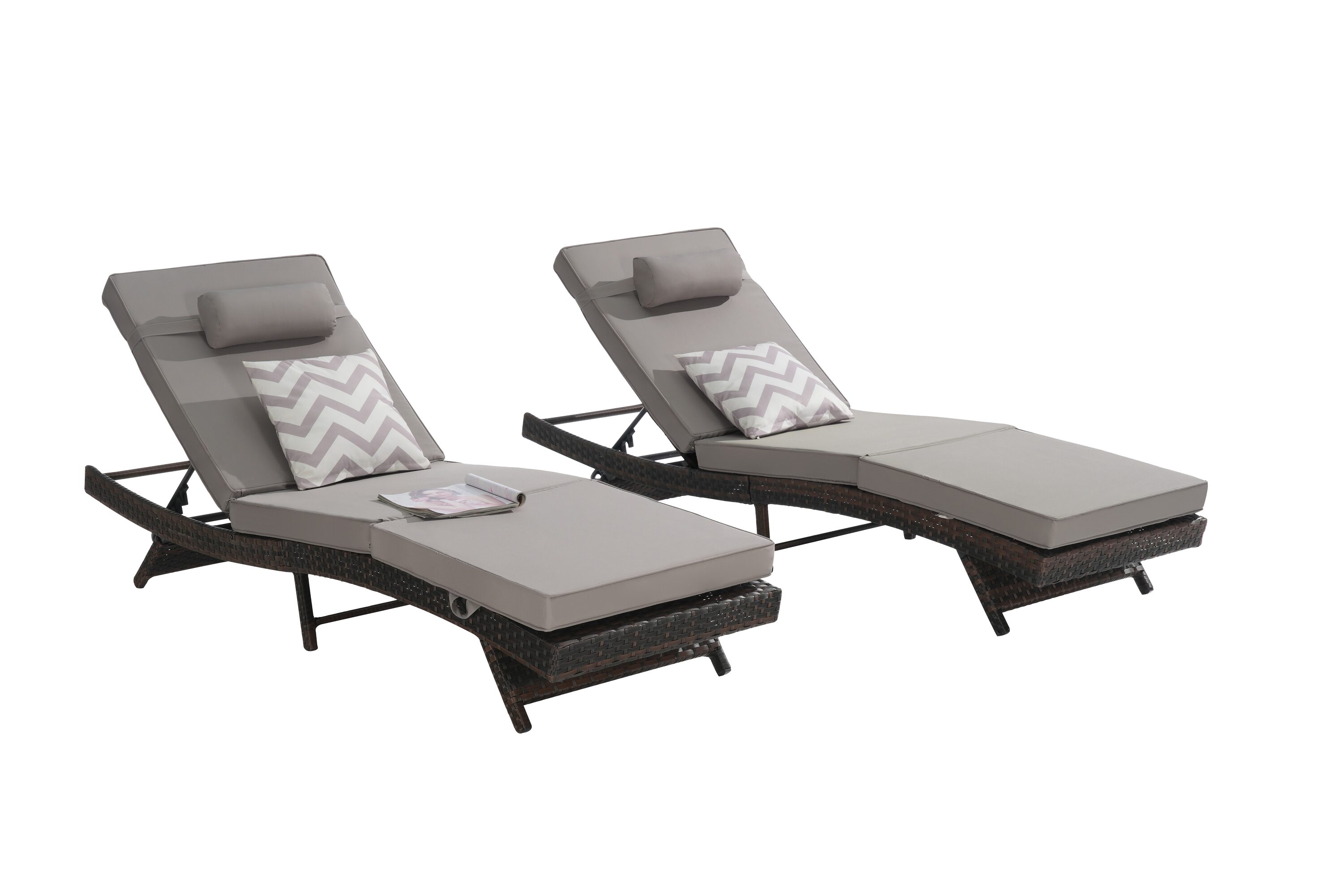 Maocao Hoom SH264717 Set of 2 Rattan Grey Metal Frame Stationary Chaise Lounge Chair with Gray Cushioned Seat