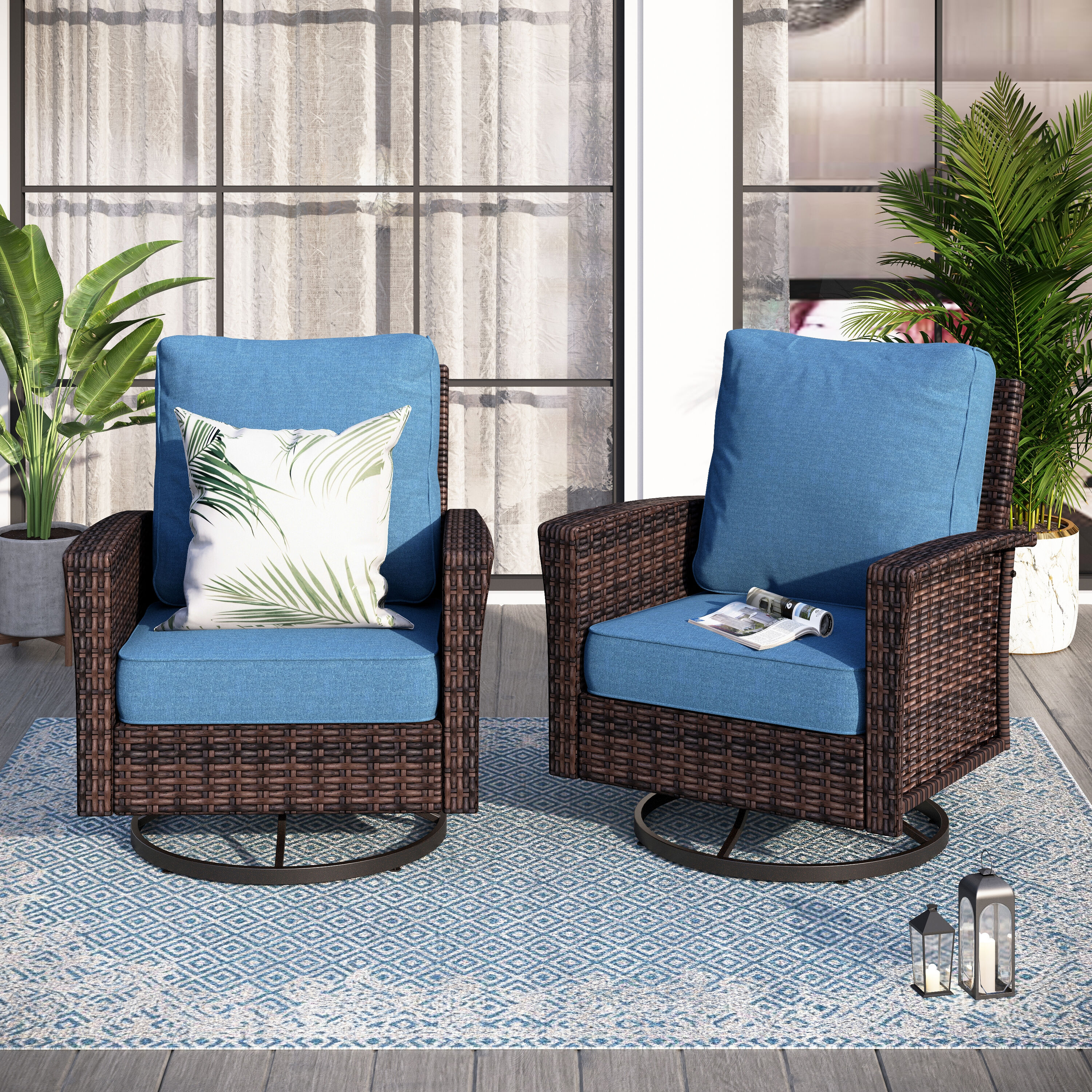 Sunshine Valley CR005-05-2-NY Patio Conversation Sets 2 -Piece Wicker Patio Conversation Set with Navy CUSHION PRO Cushions
